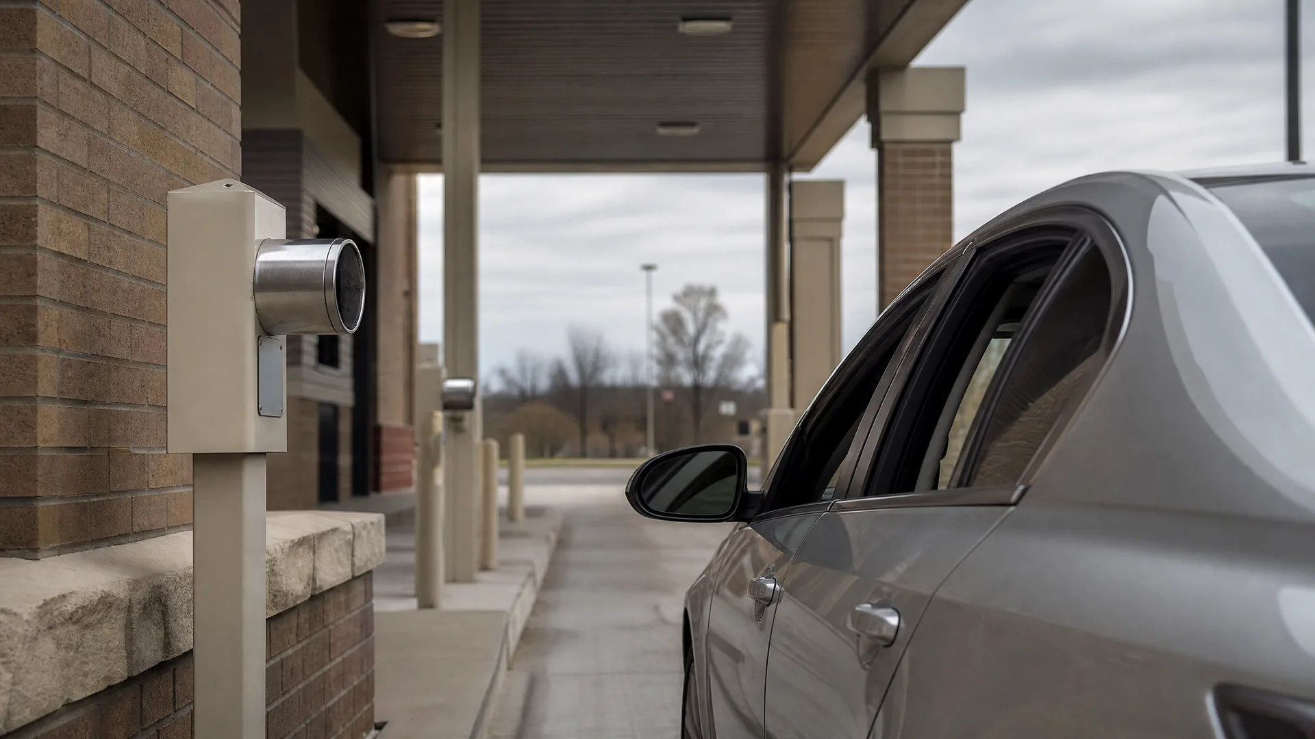 A silver sedan parked beside a drive-through lane with a metal pneumatic tube canister on a post next to a brick building under a covered canopy.