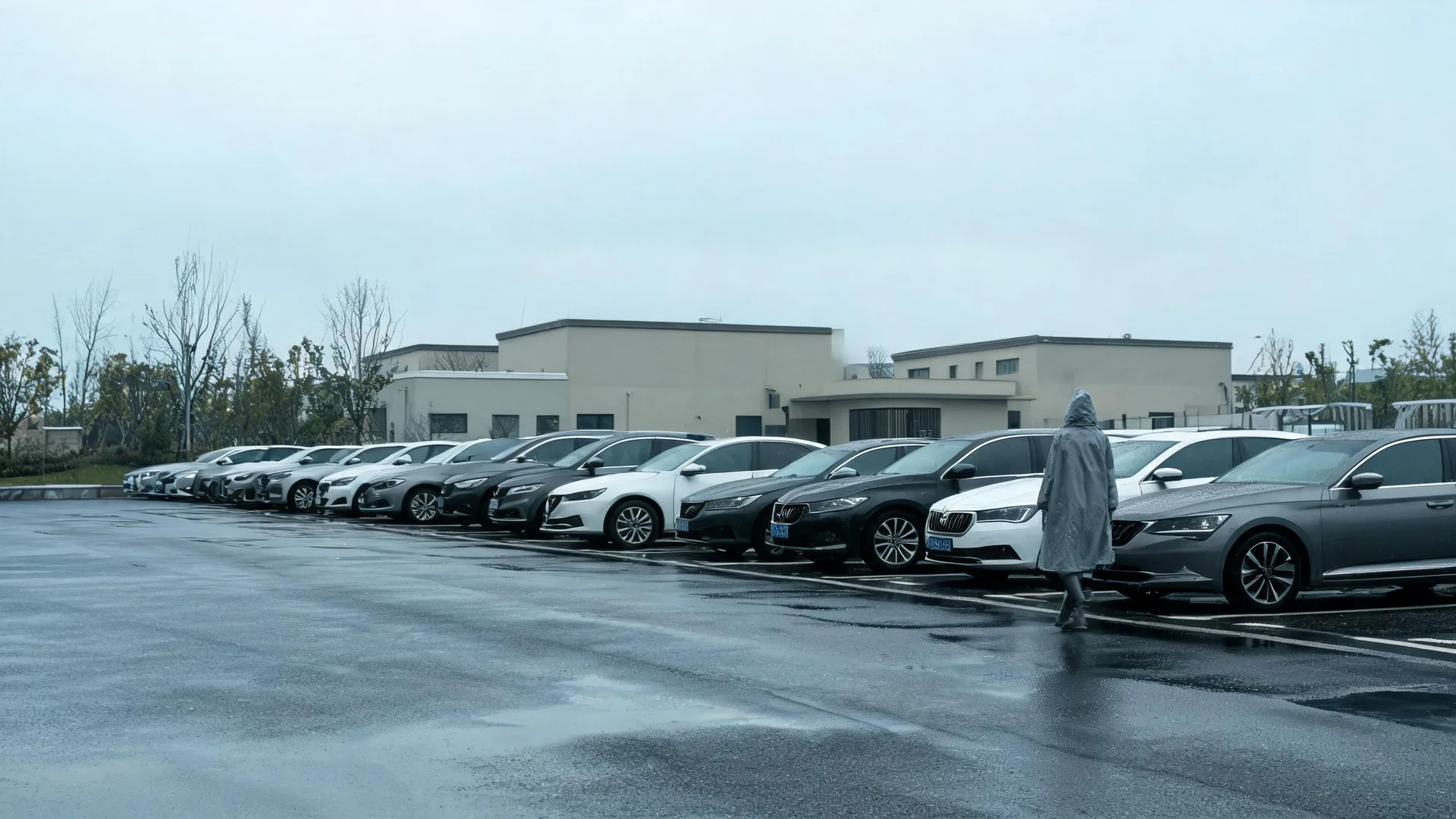 A row of parked cars in a wet parking lot under an overcast sky, with a person in a light-colored raincoat walking between vehicles and low beige buildings and bare trees in the background.