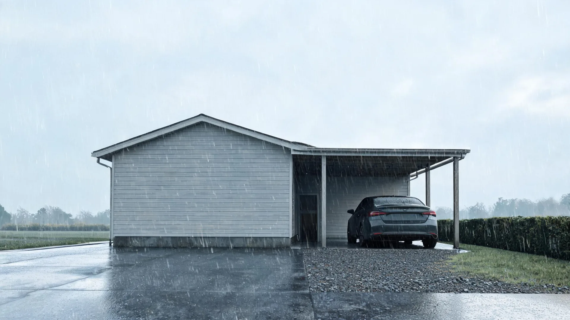A single-story house with light horizontal siding and a gabled roof, with a dark sedan parked under an attached carport, in heavy rain over wet pavement and gravel.
