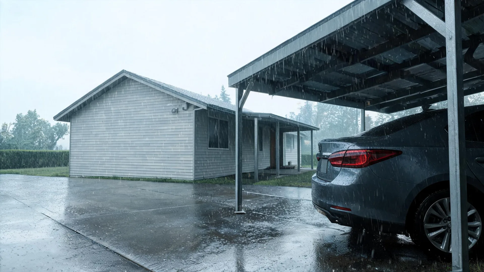 A single-story house with light gray horizontal siding stands beside a wet concrete driveway during heavy rain, with a dark sedan parked under an open carport at right.