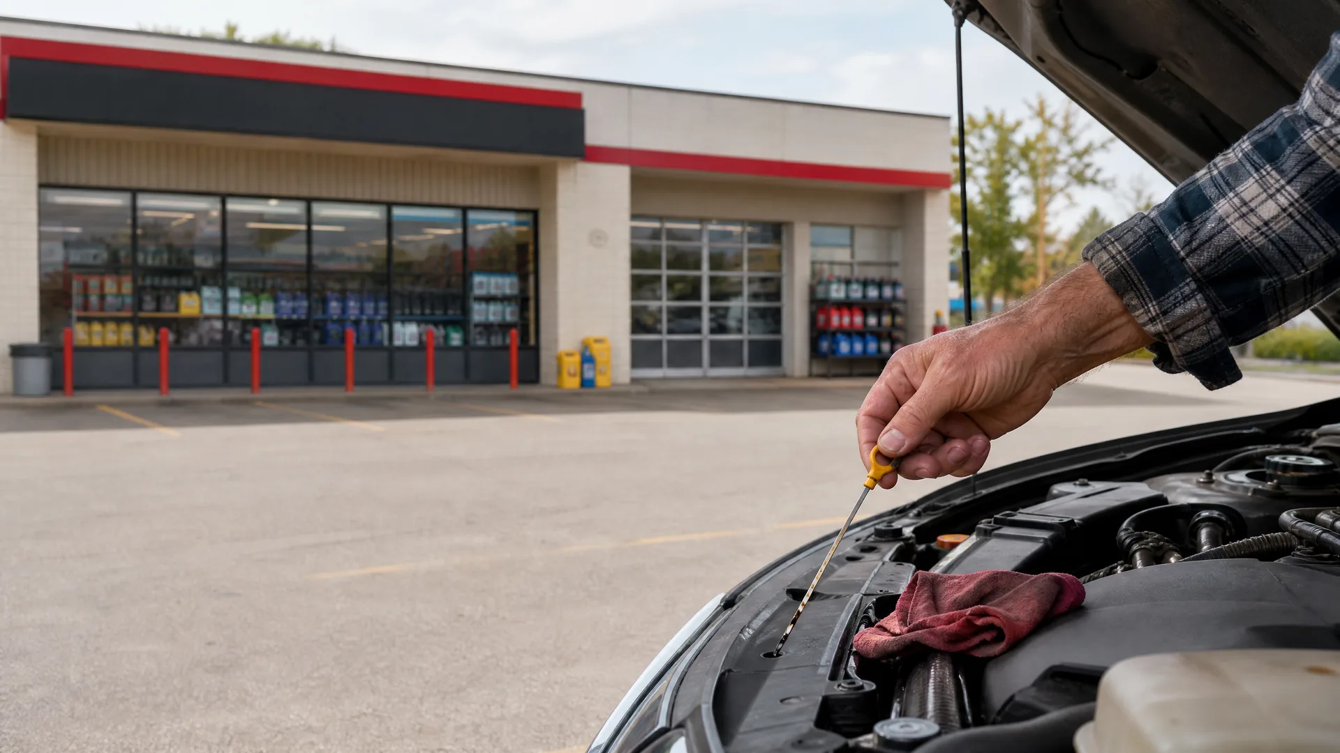 A person's hand pulls a yellow-handled engine oil dipstick from a car's engine bay with the hood raised, in a parking lot in front of a low commercial building with glass storefront windows and red bollards.