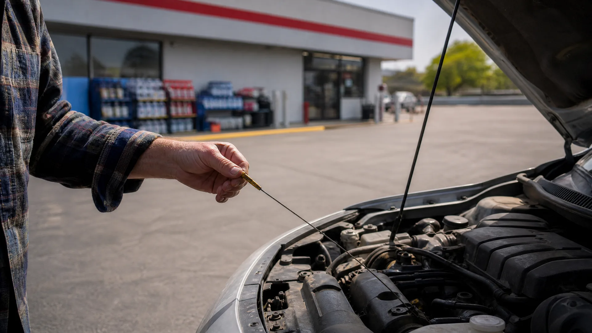 A person in a plaid shirt holds an engine oil dipstick beside a car with its hood raised in a paved lot outside a low white building.