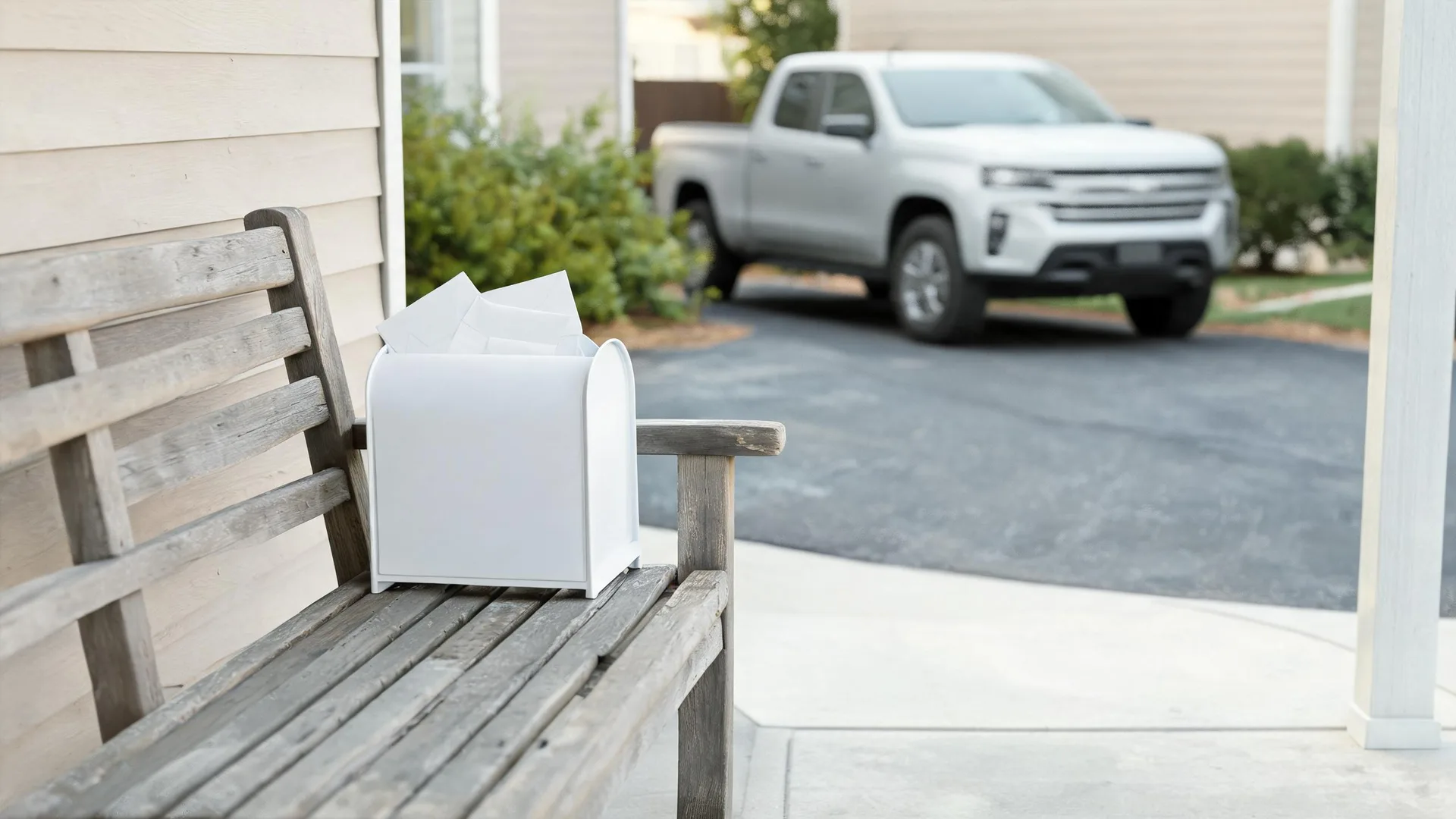 A small white mailbox filled with envelopes sits on a weathered wooden bench on a porch, with a blurred white pickup truck parked on a driveway in the background.
