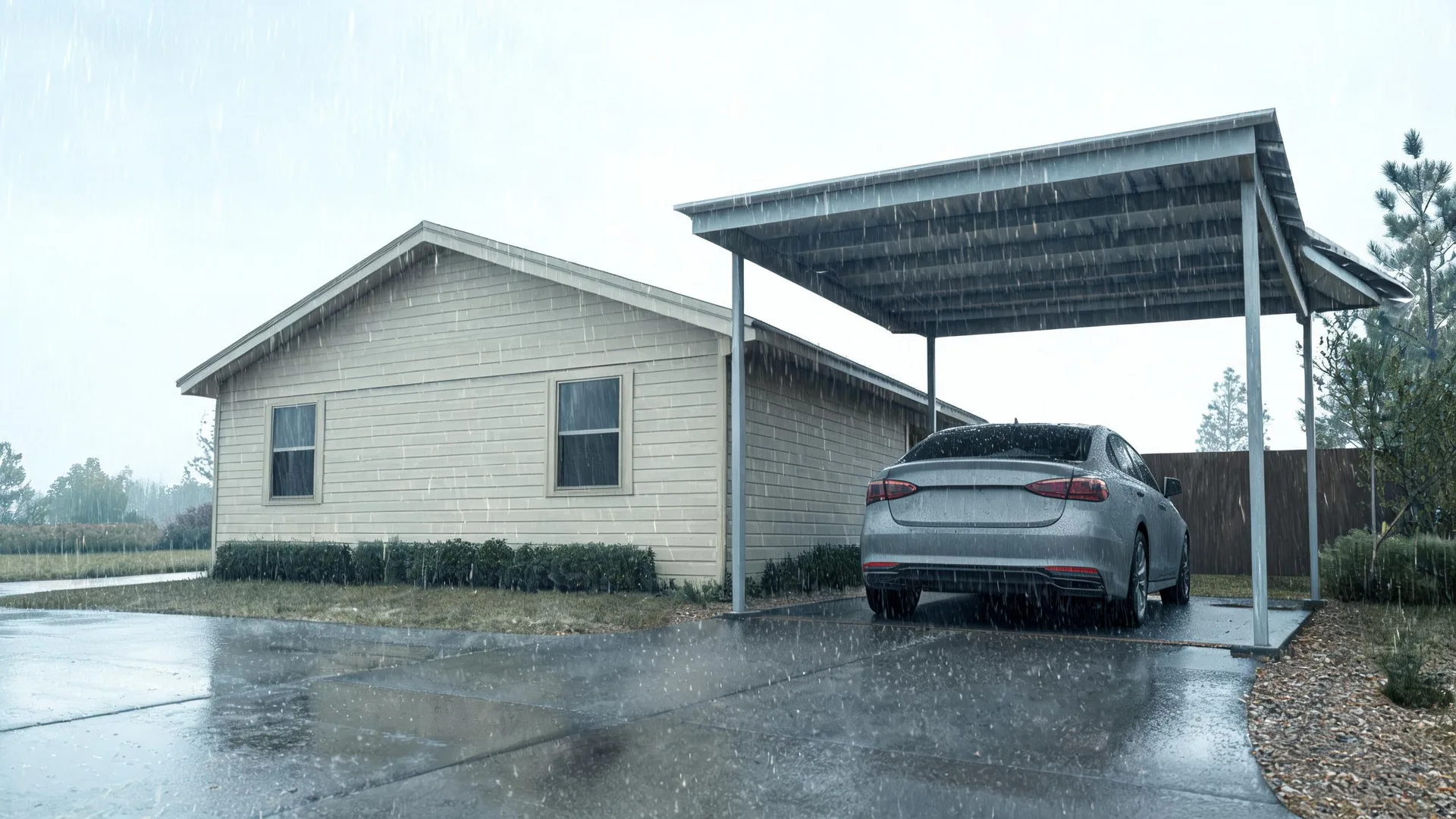 A single-story house with light horizontal siding beside an attached metal-post carport sheltering a silver sedan, with rain falling on a wet driveway.