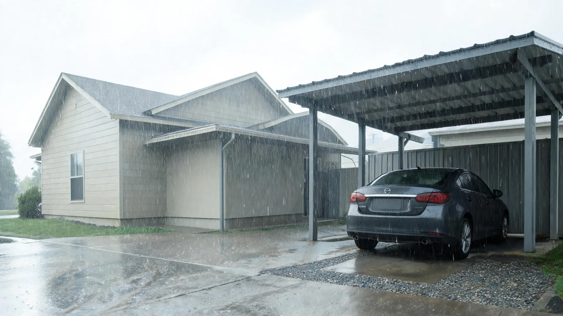 A dark gray sedan parked under a metal carport beside a light-colored single-story house during heavy rain, with wet pavement and gravel in the foreground.