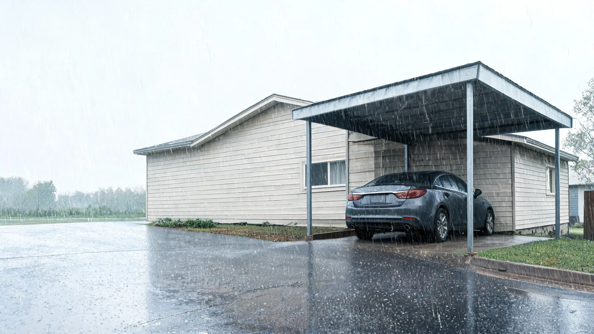 A single-story house with pale weatherboard siding and an attached carport shelters a dark grey sedan during heavy rain, with wet pavement in the foreground.
