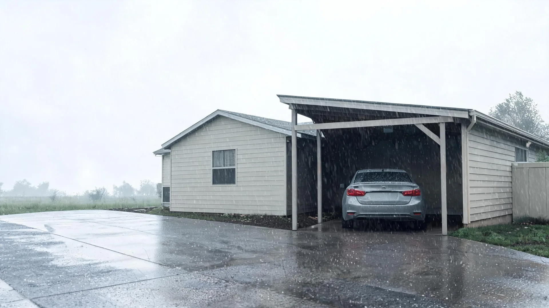 A silver sedan parked under an attached carport beside a light-colored horizontal-siding house during heavy rain, with a wet concrete driveway in the foreground and flat grassy land behind.