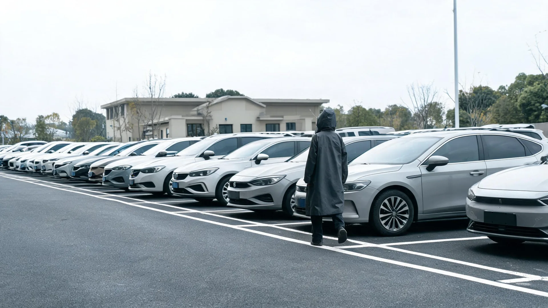 A person in a long dark hooded raincoat walks across a marked asphalt parking lot lined with rows of white and silver cars, with a low building and bare trees behind under an overcast sky.