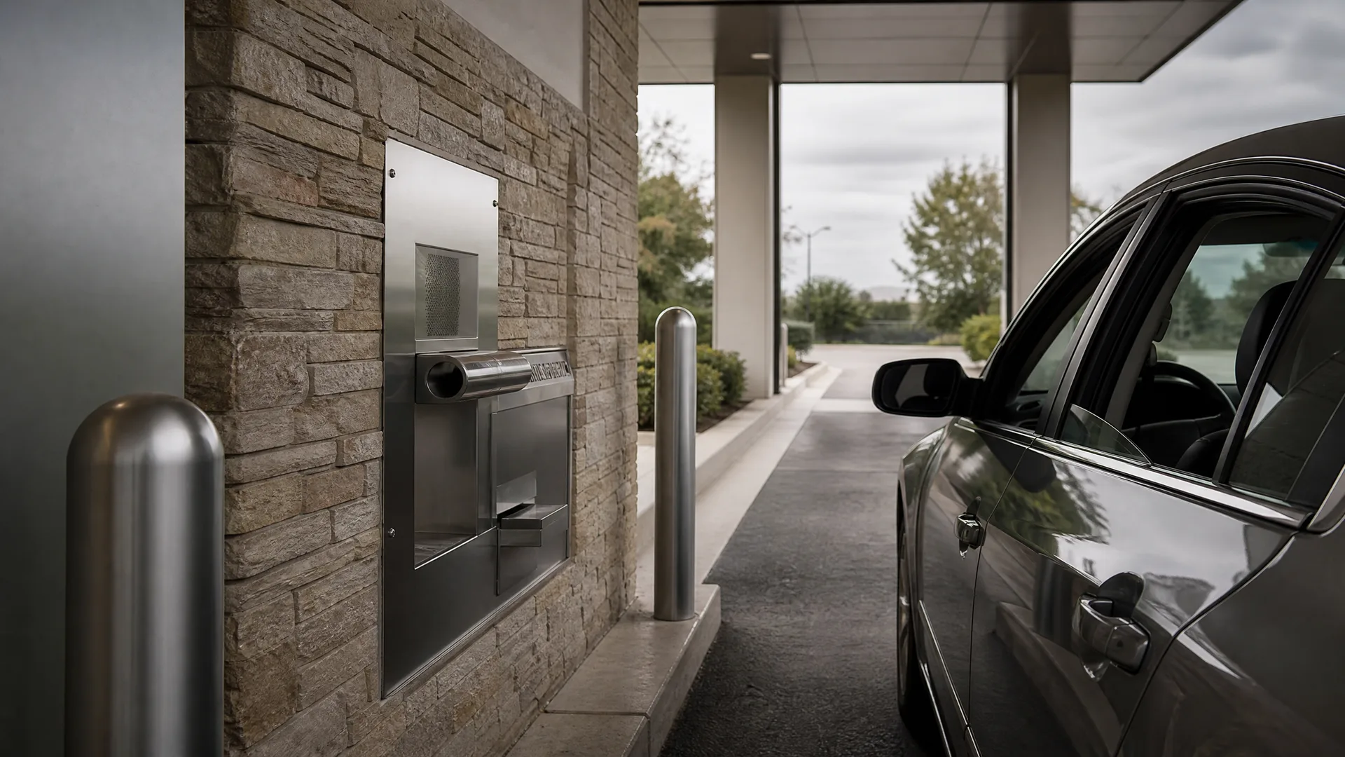 A stainless steel drive-up bank teller unit with a drawer and deposit slot set into a stacked stone wall, flanked by metal bollards, with a dark sedan waiting in the lane under a canopy.