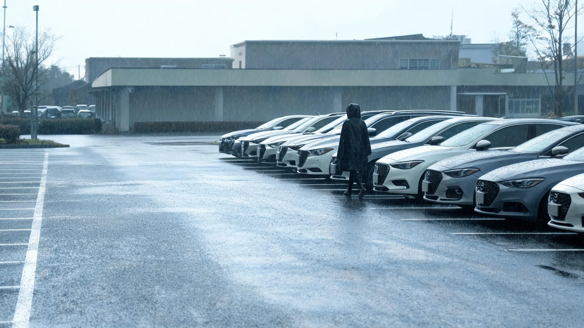 A person in a dark hooded rain poncho walks beside a row of parked white and grey sedans in a wet parking lot during rain, with a low flat-roofed building and bare trees behind.