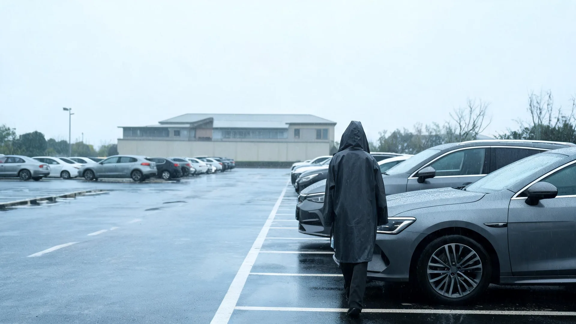 A person in a dark hooded raincoat walks along a wet parking lot lined with parked cars under an overcast sky, with a low building and bare trees in the background.