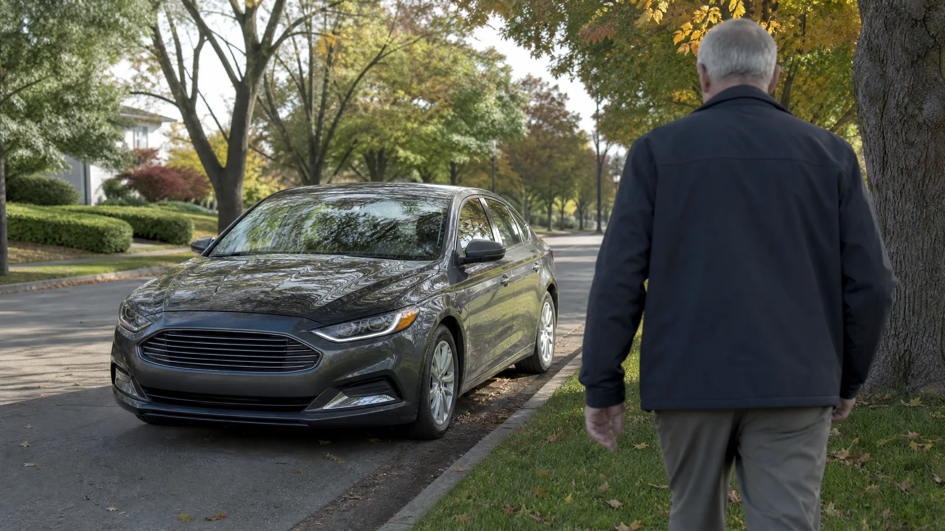 A gray sedan parked along a curb on a tree-lined residential street, with a gray-haired man in a dark jacket walking away from the camera on the grass in the foreground.