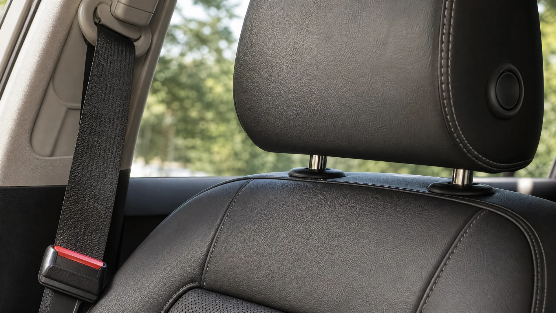 Close-up of a black leather car seat back and headrest with a seat belt and buckle at left, with blurred green trees visible through the side window.