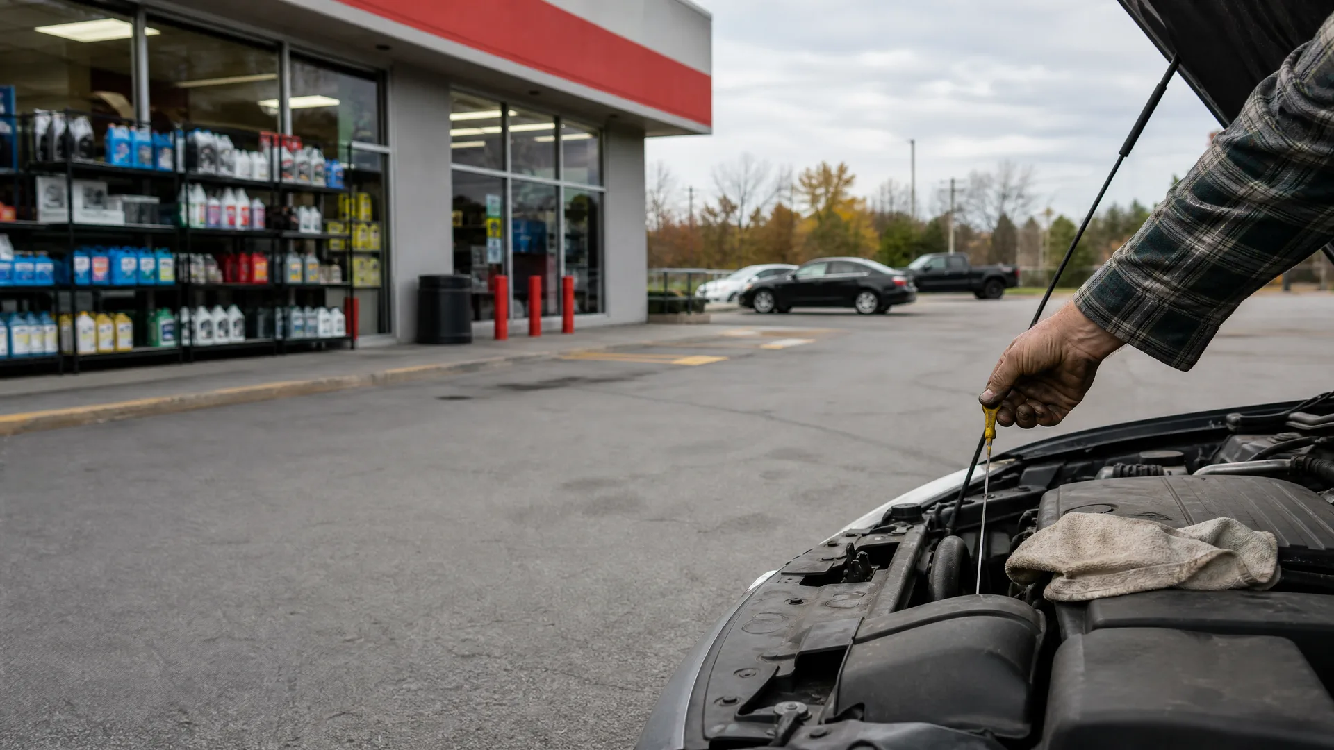 A person's arm in a plaid shirt pulls a dipstick from an open car engine bay in a parking lot, with an auto parts store front and parked cars in the background.