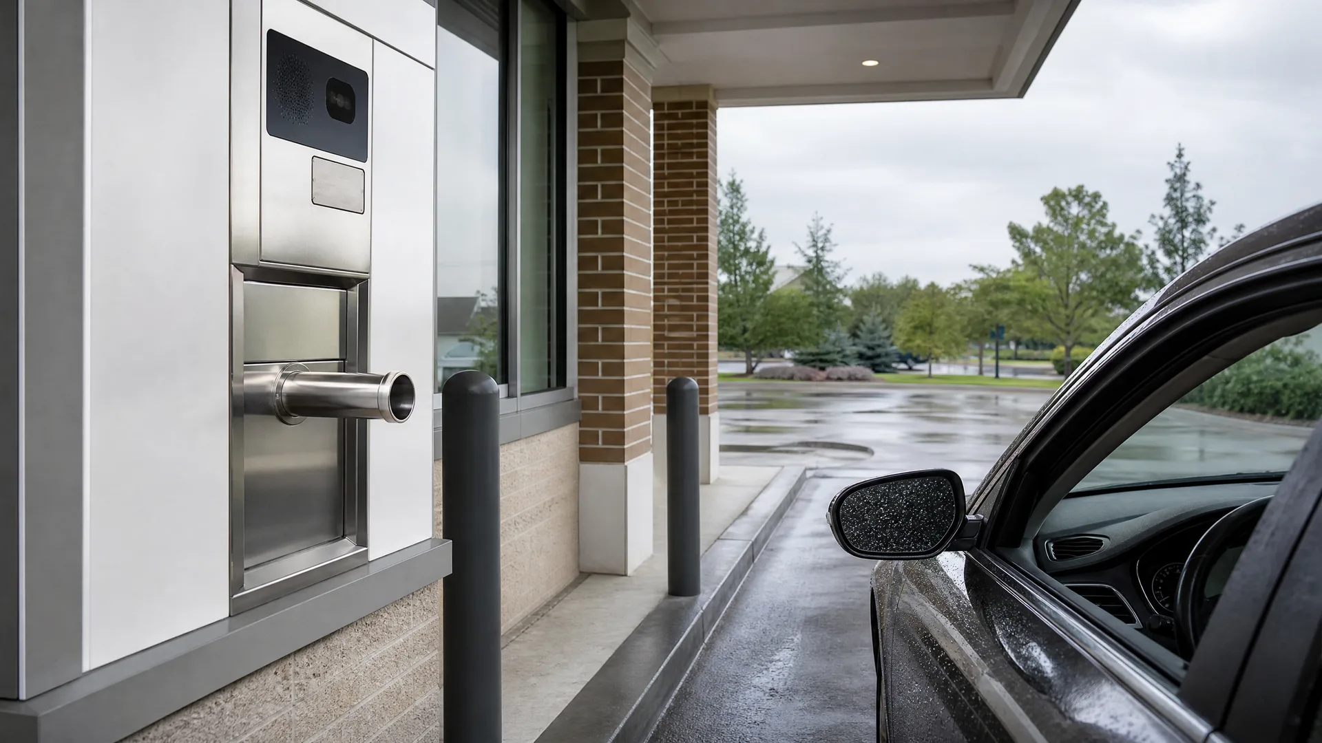 A stainless steel drive-up bank teller window with a pneumatic tube drawer and camera set in a white wall, with a dark car stopped on wet pavement beside bollards under a canopy.