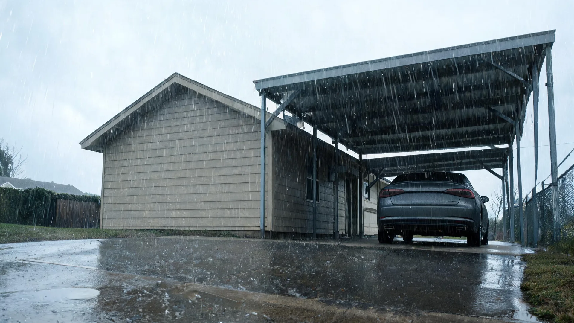 A dark SUV parked under an open carport attached to a wood-sided house during heavy rain, with wet pavement in the foreground and an overcast sky.