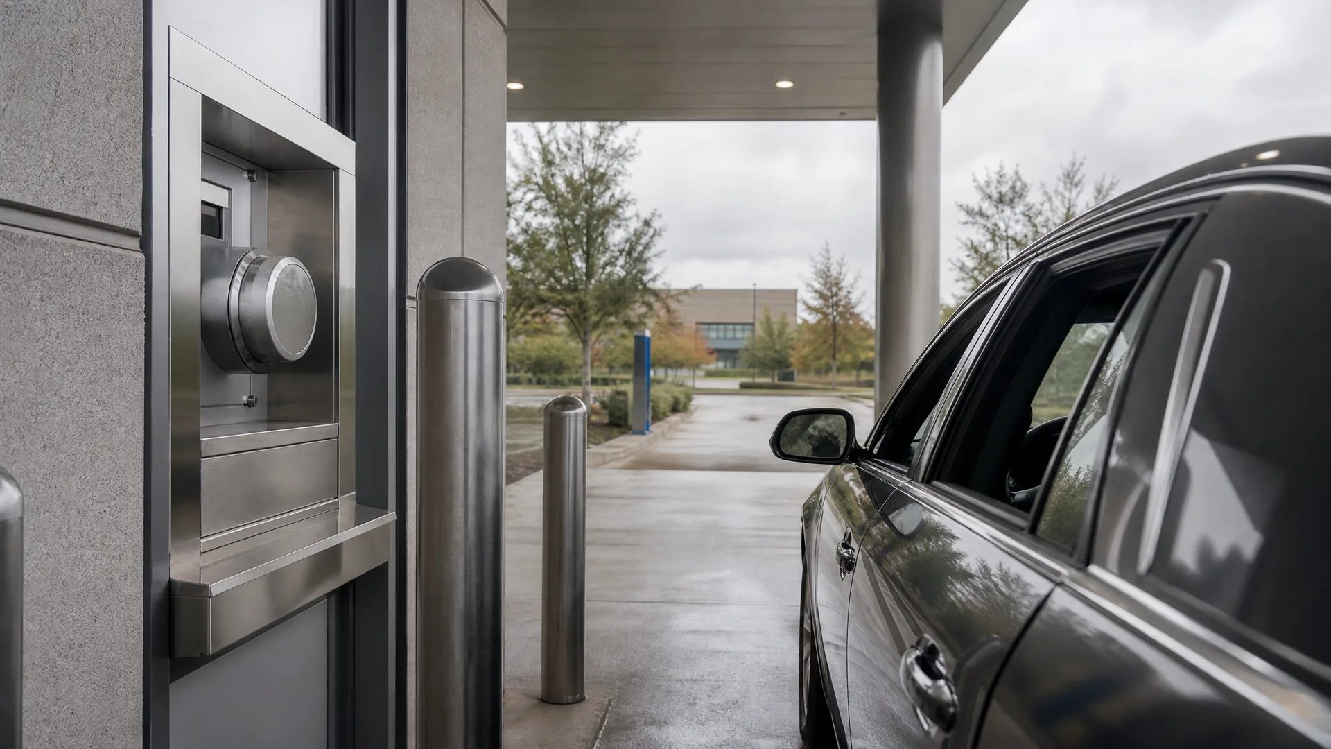A dark car stopped beside a stainless steel drive-up teller window with a pneumatic tube unit, under a canopy with metal bollards, with wet pavement and trees in the background under an overcast sky.