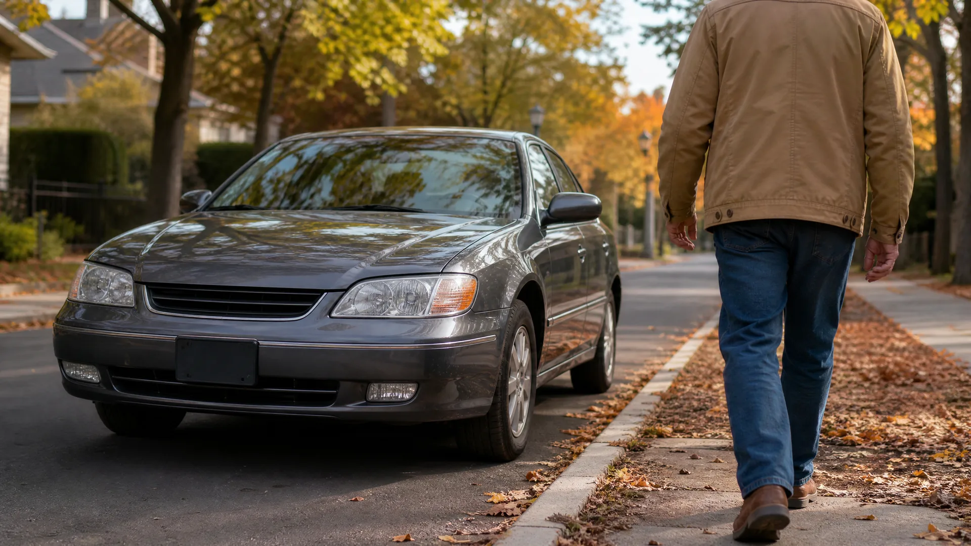 A gray sedan with a blank license plate holder parked along a residential street with fallen leaves, while a person in a tan jacket and jeans walks away on the sidewalk.