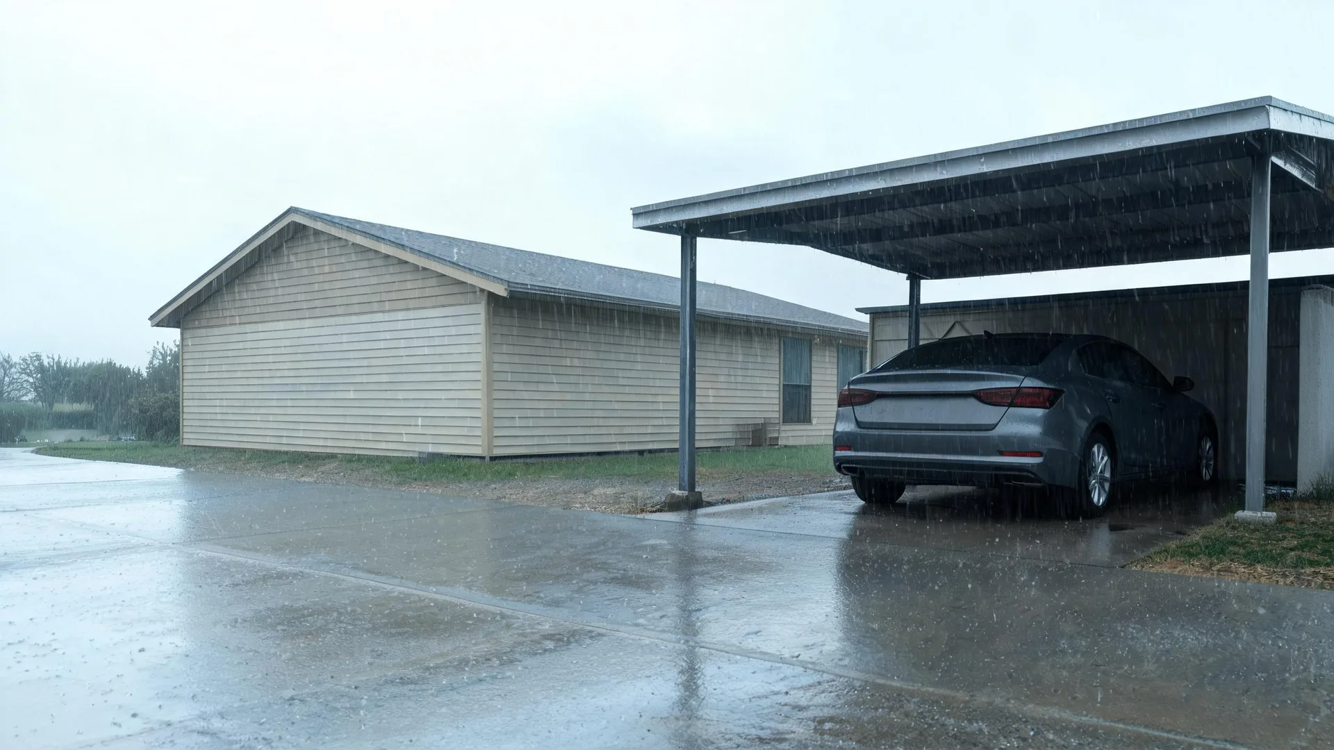 A gray sedan parked under a metal carport beside a single-story building with light wood siding, during heavy rain on a wet paved driveway under an overcast sky.