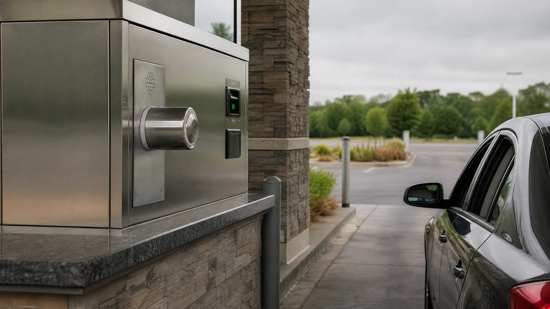 A stainless steel drive-up bank teller unit with a pneumatic tube canister port and keypad set into a stone-clad column, with a dark sedan waiting in the lane at right under an overcast sky.