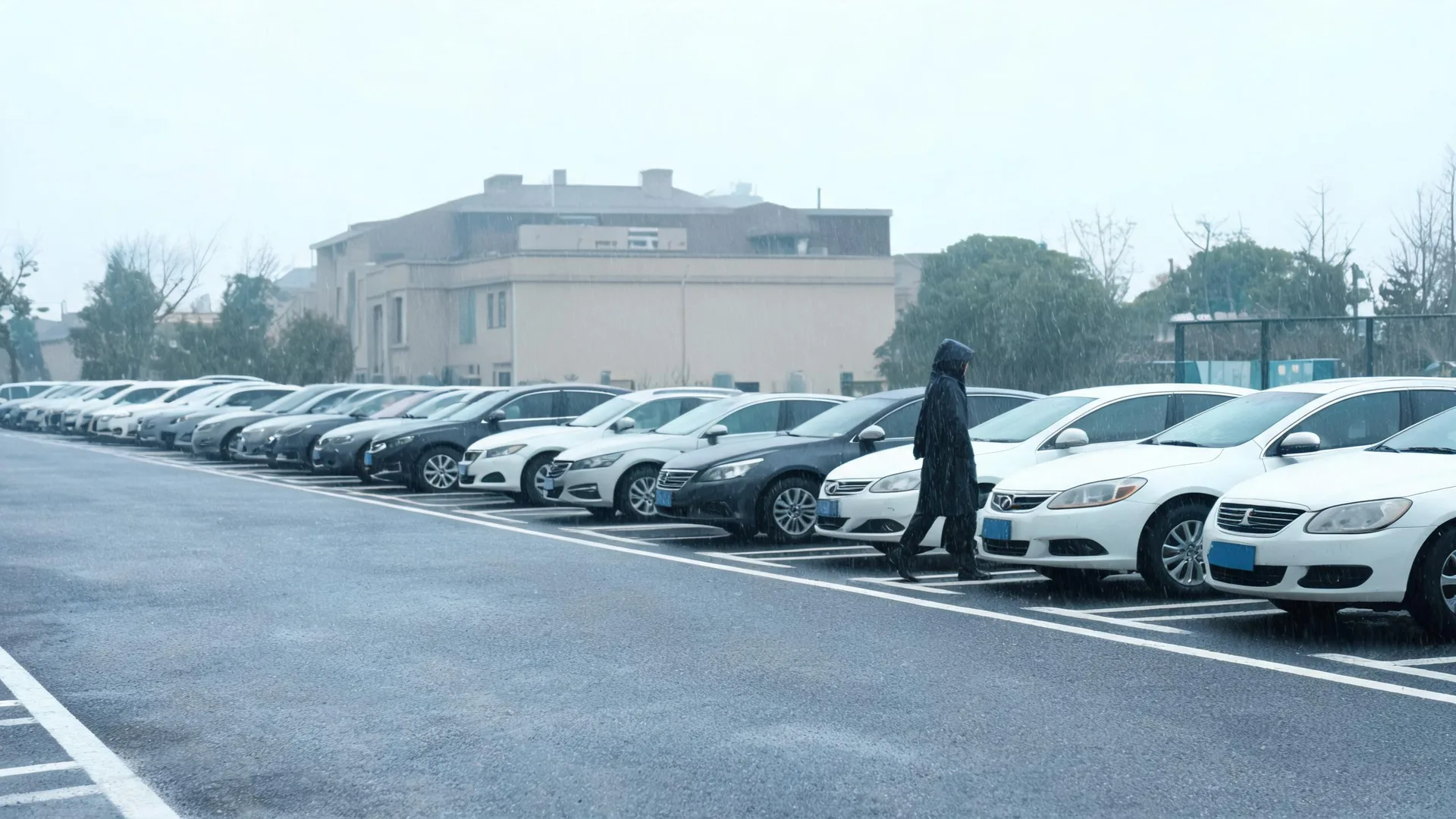 A person in a dark hooded raincoat walks between rows of parked cars in a wet parking lot during rain, with a pale multi-story building and bare trees in the background.