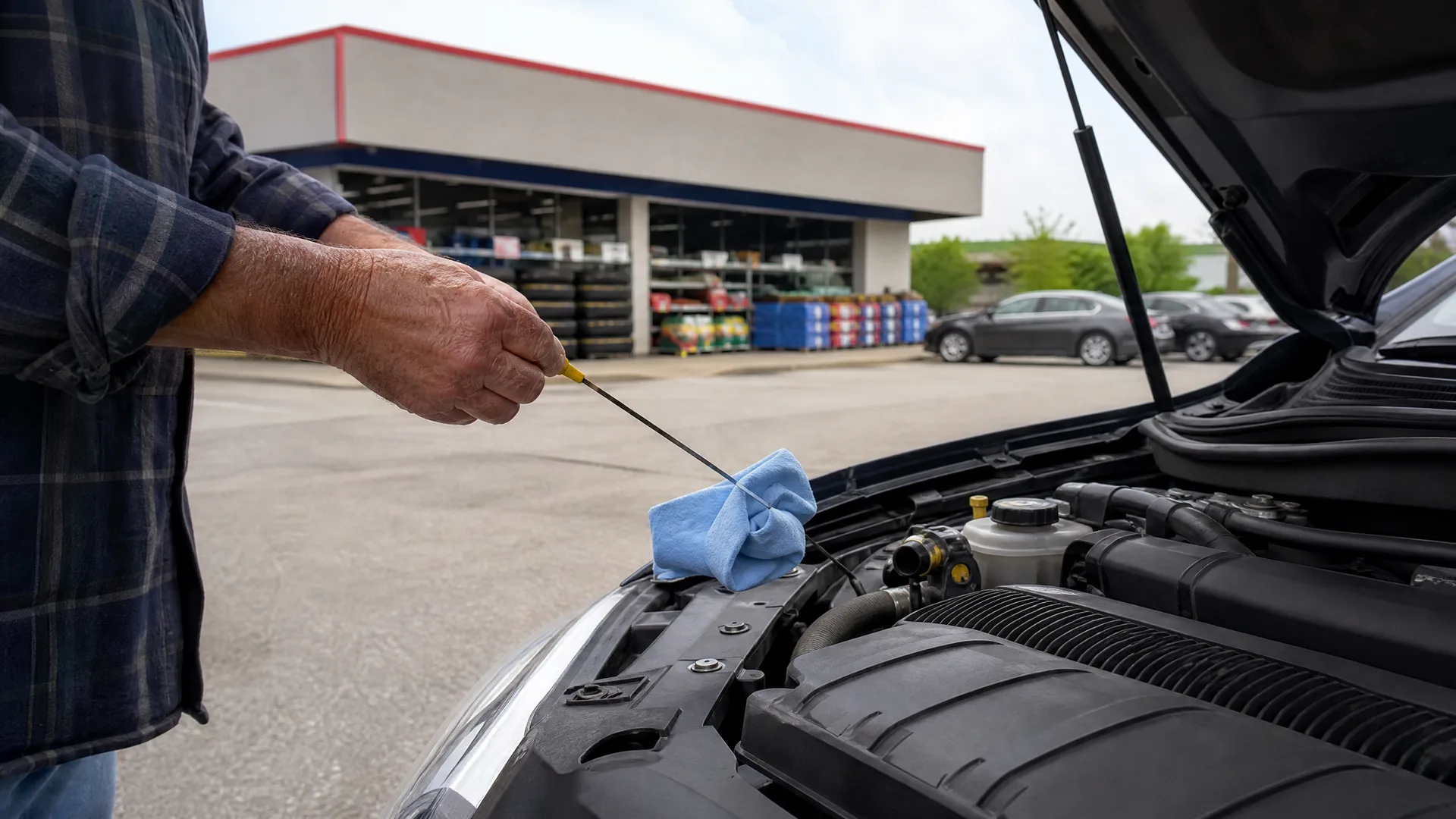 A person in a plaid shirt pulls a dipstick from a car engine with the hood open, holding a blue cloth resting on the fender, in a parking lot in front of a store.