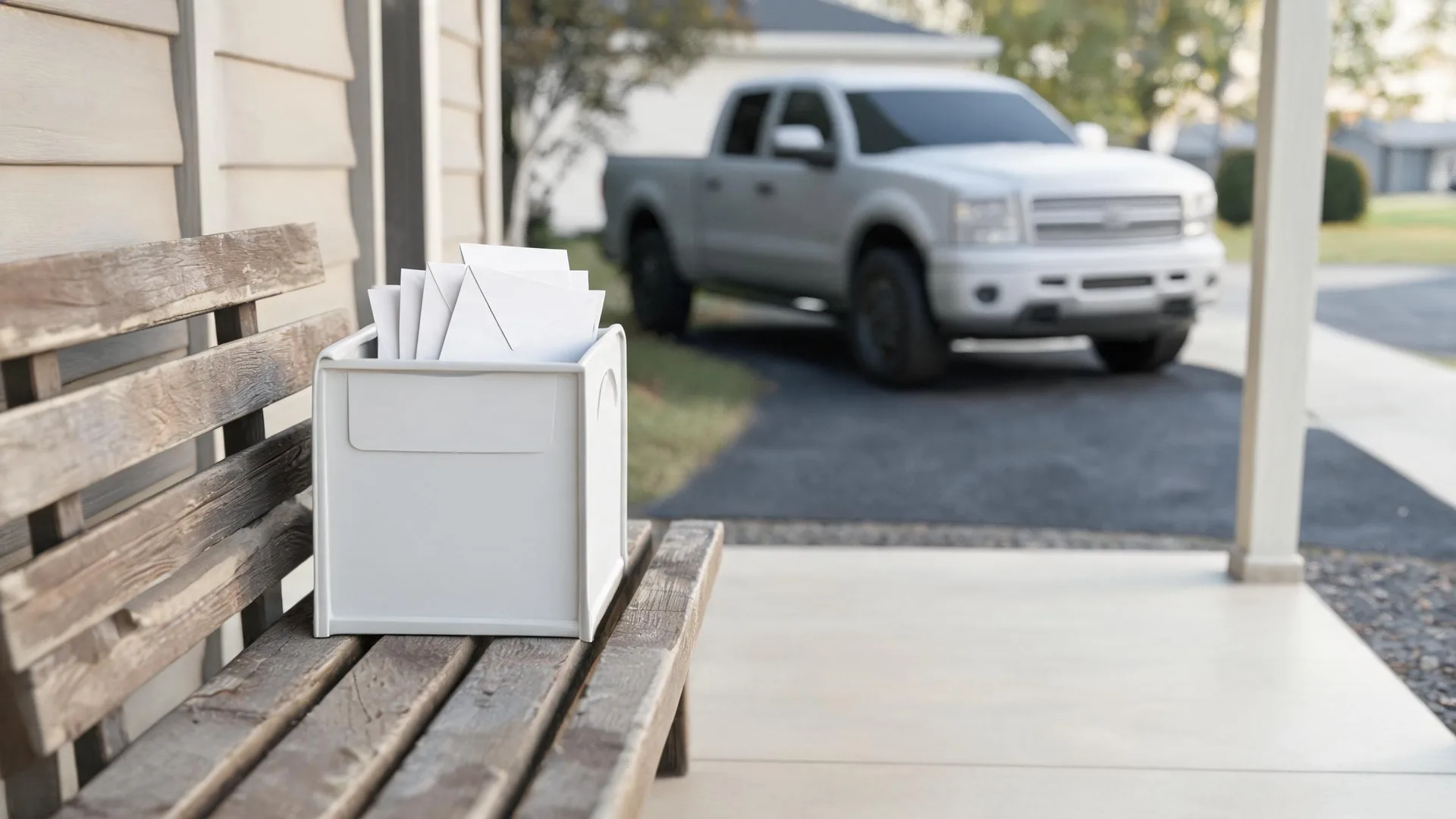 A white box filled with envelopes sits on a weathered wooden bench on a covered porch, with a blurred silver pickup truck parked on a driveway in the background.