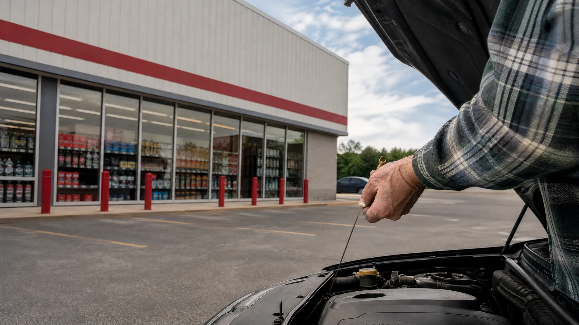 A person in a plaid shirt pulls the oil dipstick from a car engine under a raised hood in a parking lot outside a storefront with large windows and product displays.