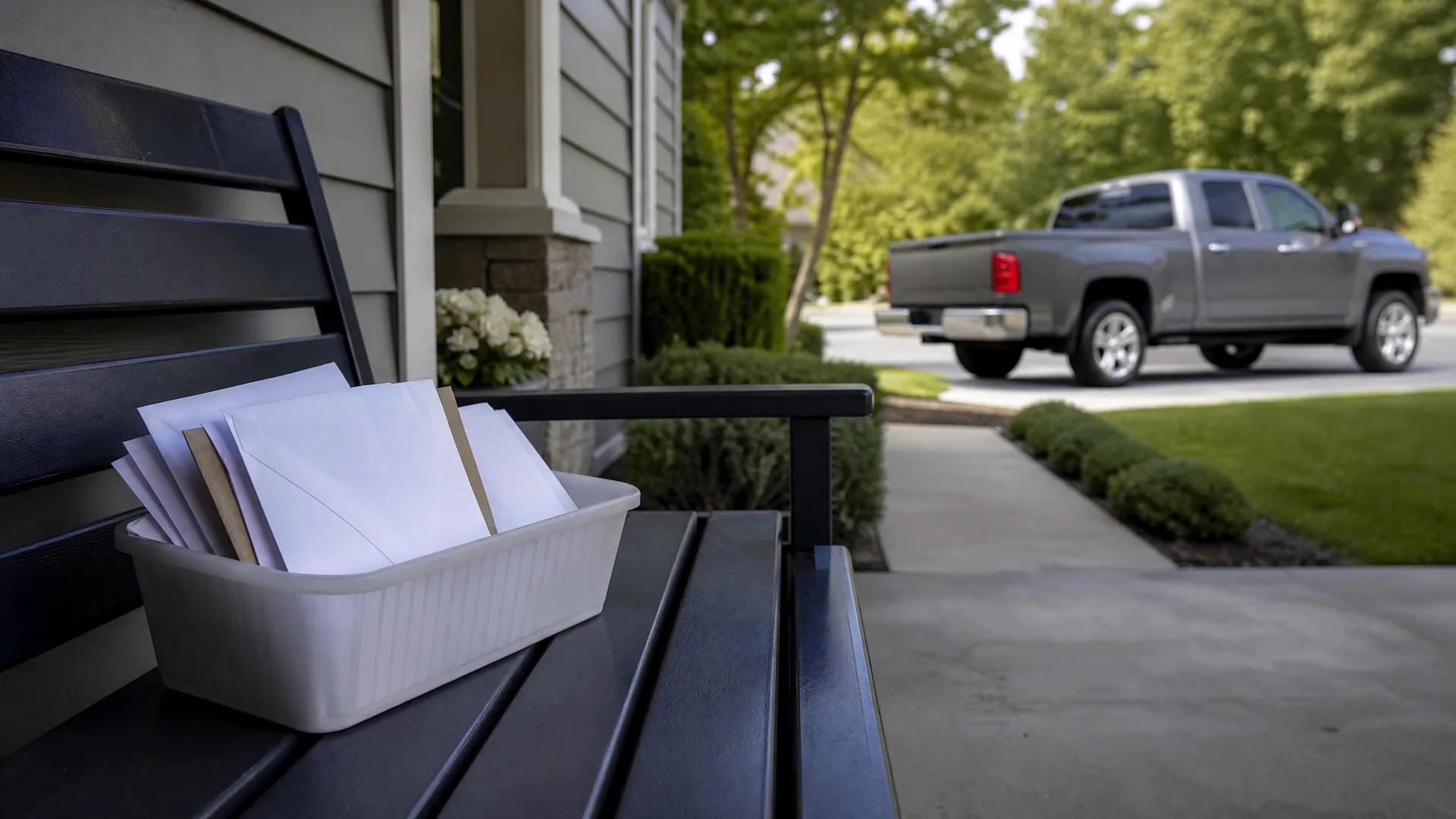 A white plastic bin holding envelopes and mail sits on a dark bench on a porch, with a gray pickup truck parked at the curb beyond a walkway and lawn in the blurred background.