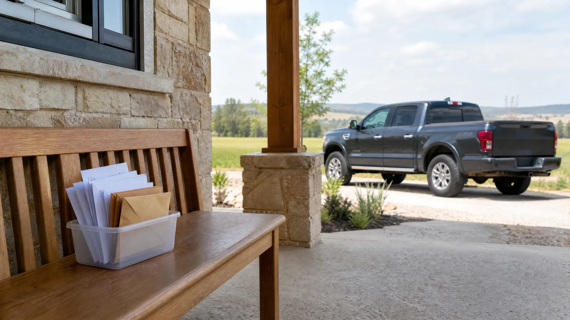 A plastic bin of letters and envelopes sits on a wooden bench on a stone-clad covered porch, with a dark gray pickup truck parked on a driveway and low hills in the background.