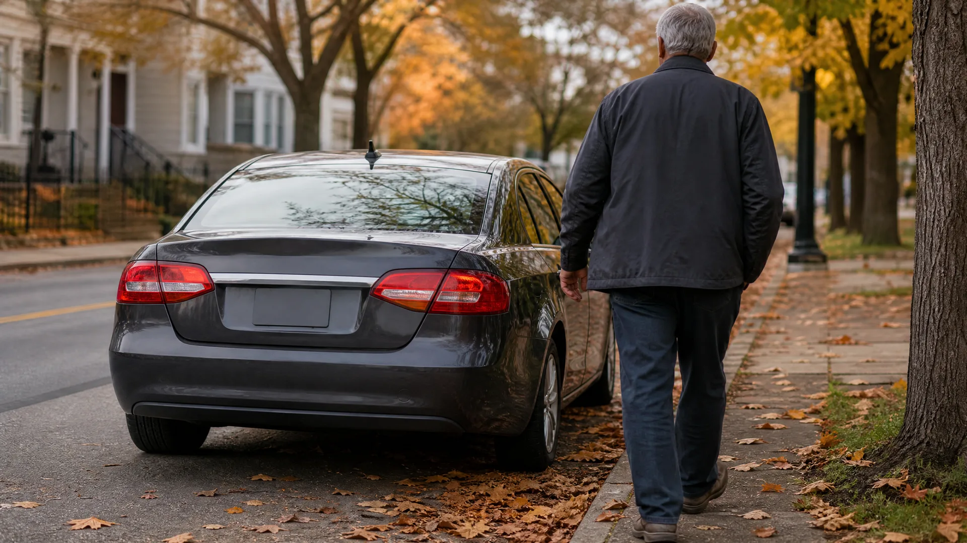 A gray sedan parked along a residential street covered with fallen leaves, with a gray-haired man in a dark jacket walking away on the sidewalk beside it.