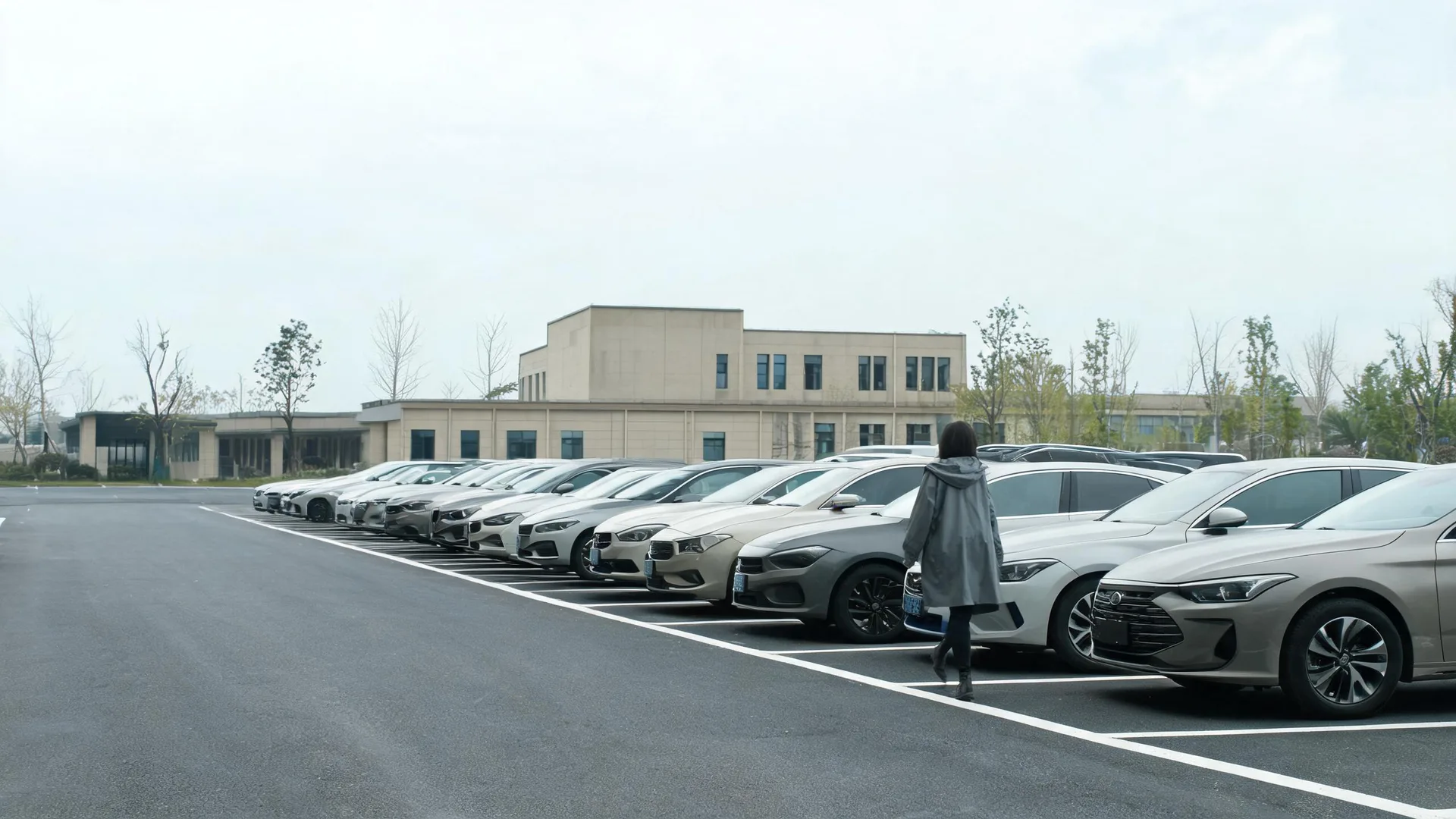 A person in a long grey coat walks past a row of parked cars in an outdoor asphalt parking lot, with a low beige building and bare trees in the background under an overcast sky.