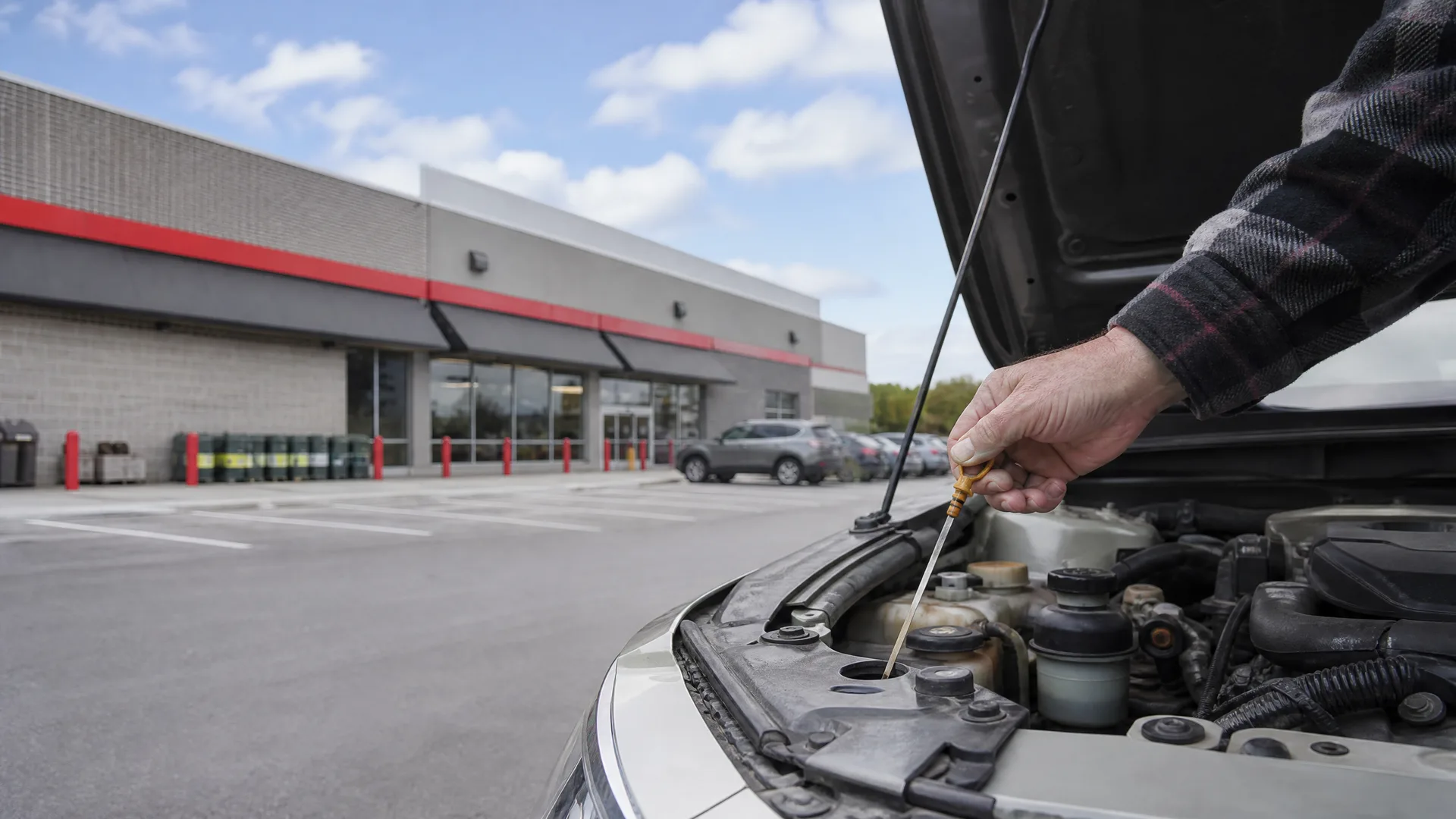 A person in a plaid shirt pulls the dipstick from a car engine under a raised hood, with a parking lot and a low commercial building in the background.