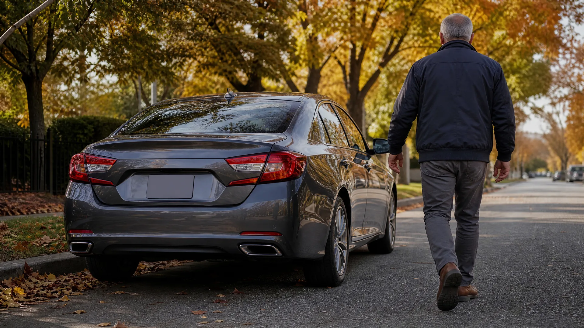 A man in a dark jacket walks away along a residential street past a parked gray sedan, with autumn-colored trees and fallen leaves along the curb.
