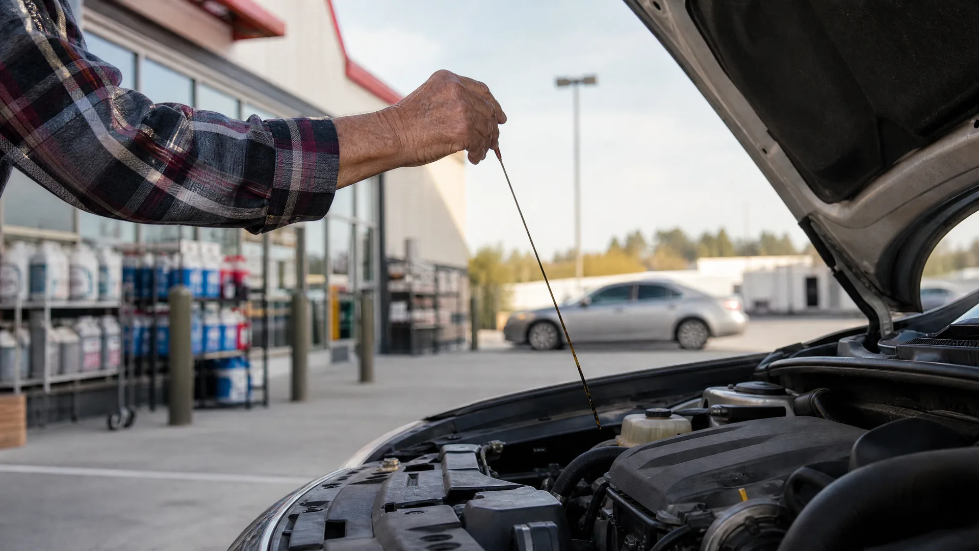 A person in a plaid shirt holds up an oil dipstick above an open car hood in a parking lot, with a storefront and parked cars in the background.