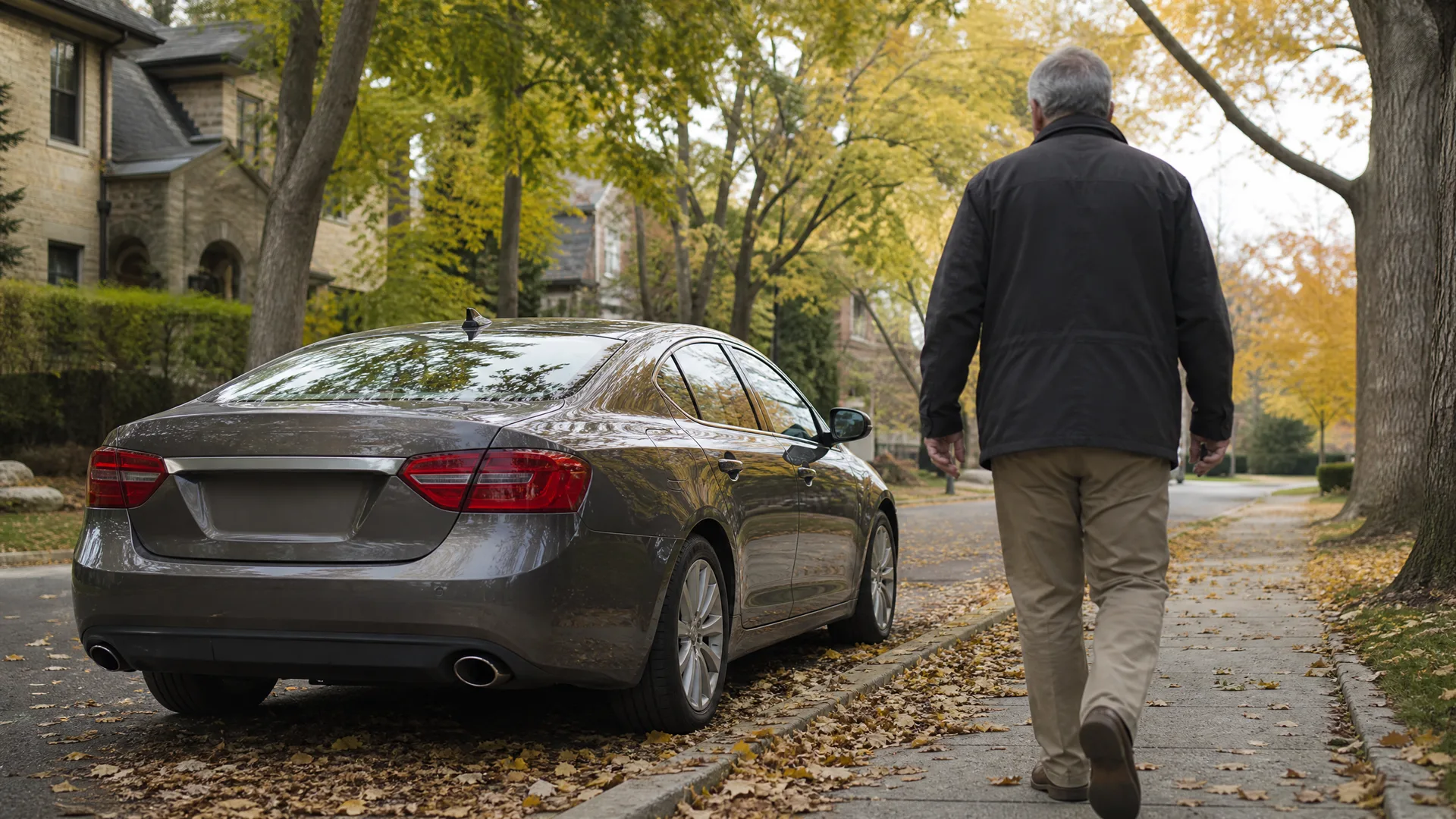 A gray sedan parked along a leaf-covered residential street while a gray-haired man in a dark jacket and khaki pants walks away on the sidewalk under autumn trees.