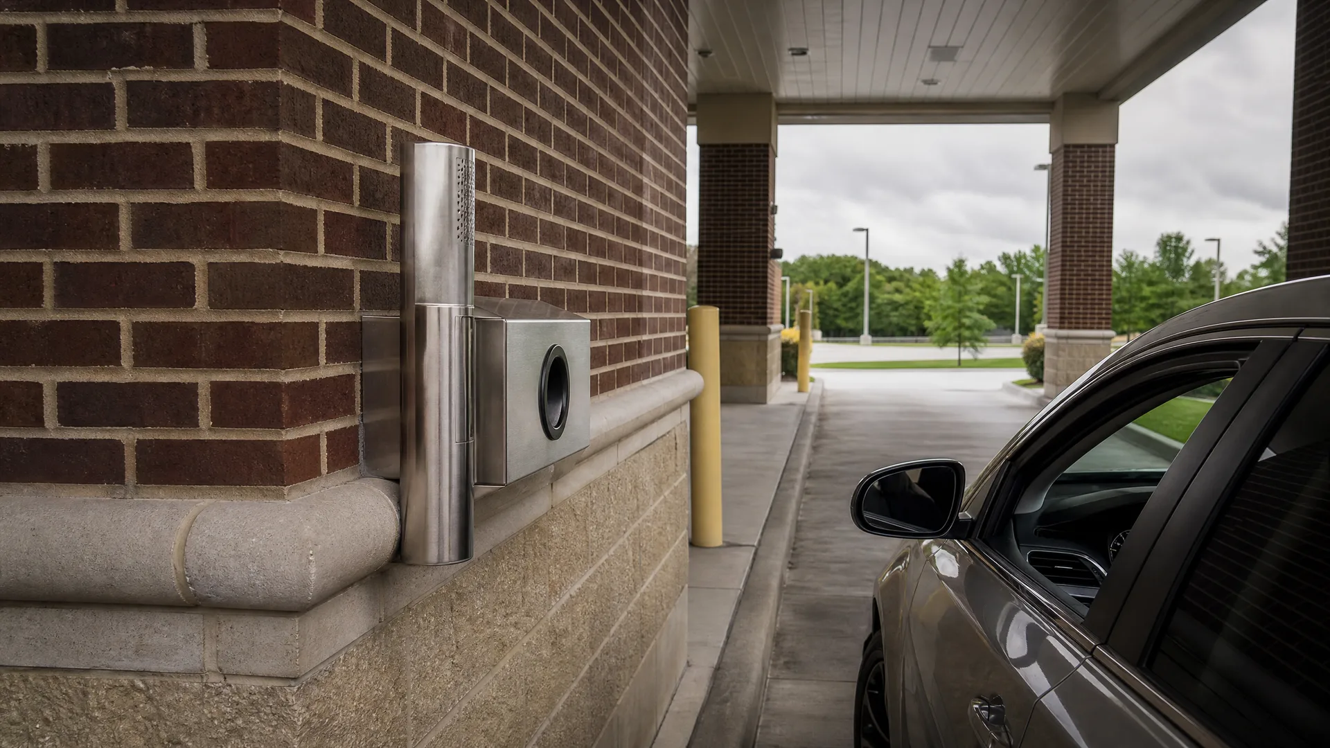 A stainless steel drive-through transaction drawer and pneumatic tube unit mounted on a brick building wall, with a gray car stopped in the covered lane at right.