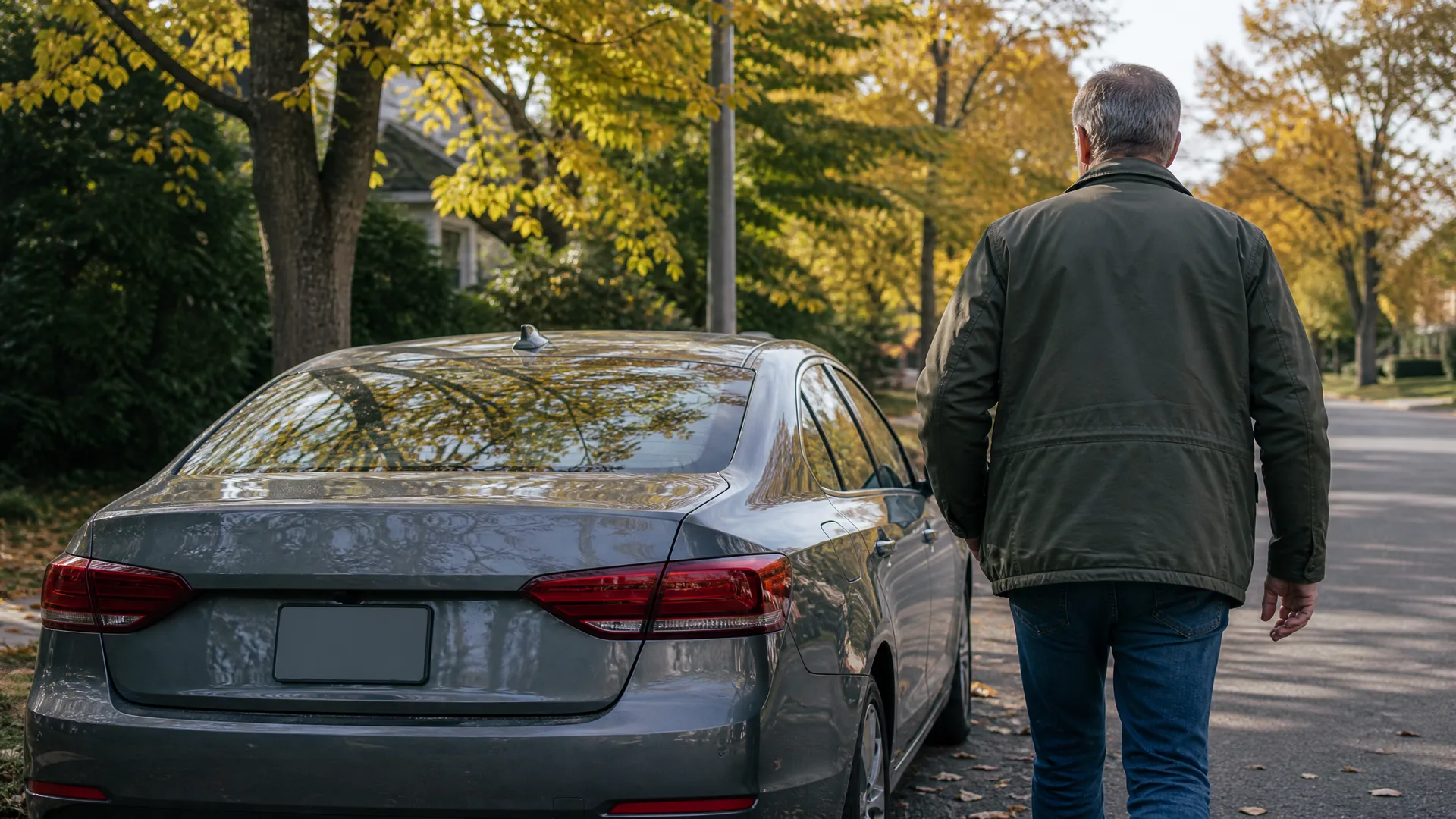 A man in a dark green jacket and jeans walks past the rear of a gray parked sedan with a blank license plate on a tree-lined residential street with yellowing autumn leaves.