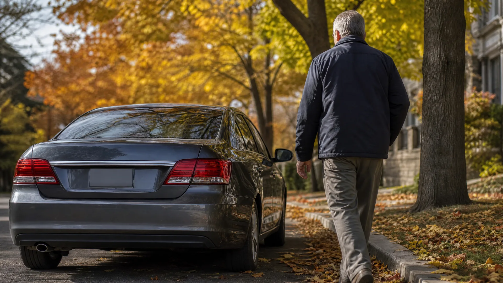 A man with gray hair in a dark jacket walks along a leaf-covered curb beside a dark gray sedan parked on a residential street lined with yellow and orange autumn trees.