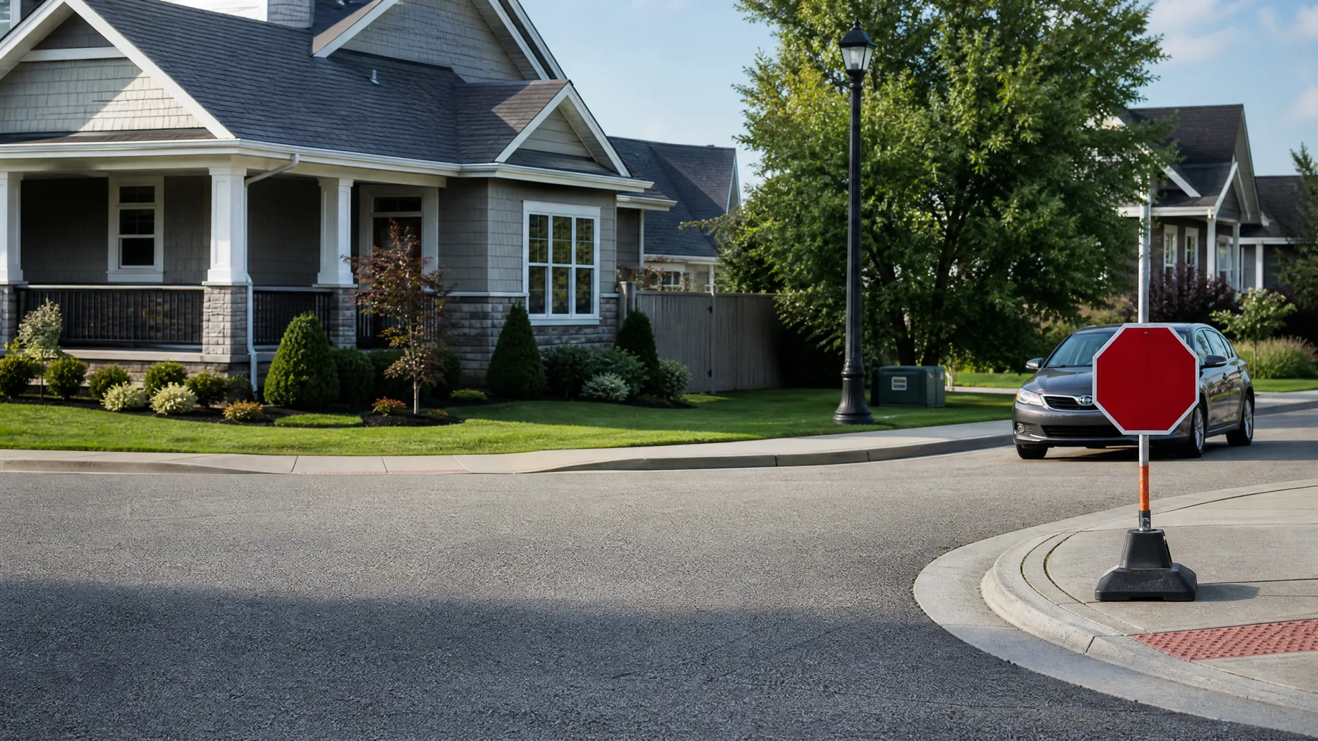 A suburban street corner with a portable stop sign on a weighted base, a gray car parked at the curb, a lamppost, and a shingled house with a covered porch and landscaped lawn.