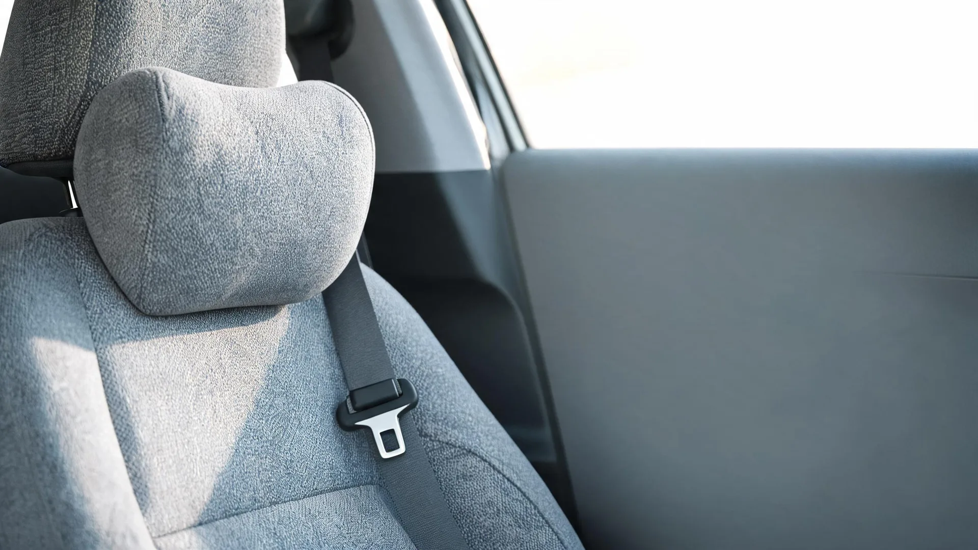 Interior of a car showing a gray fabric front seat with a cushioned headrest pillow and a fastened seat belt, with a bright window and door panel behind.