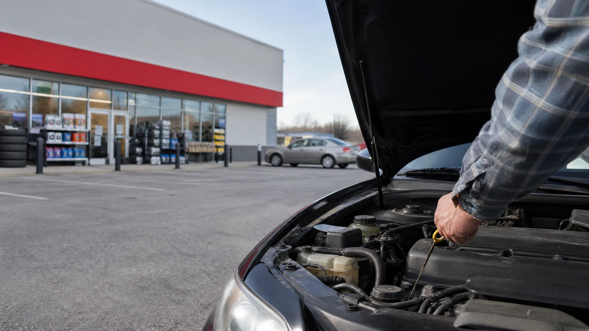 A person in a plaid shirt pulls the dipstick from the engine of a dark car with its hood open, parked on asphalt in front of a low commercial building with a red stripe and glass storefront.