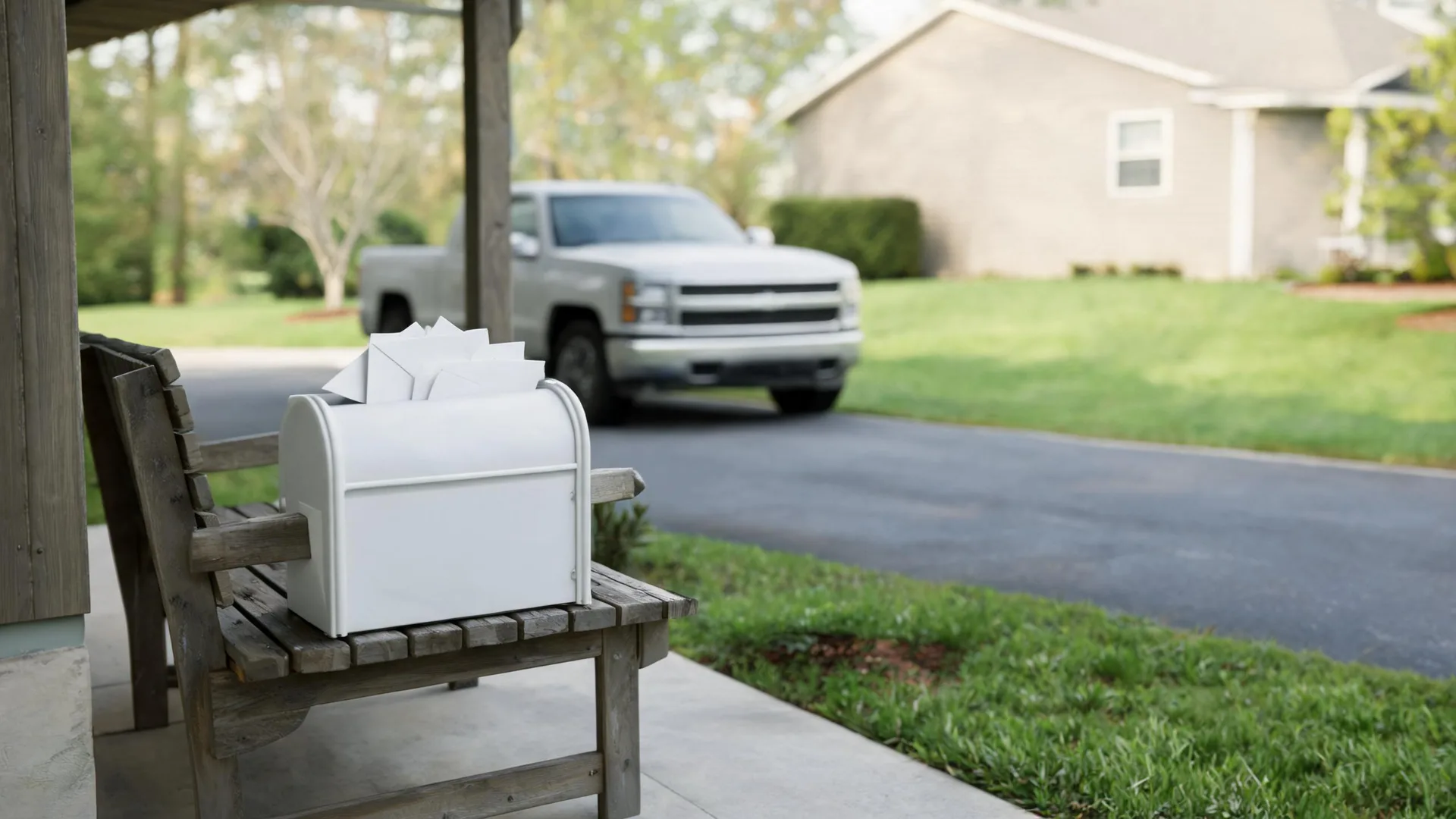 A white mailbox filled with envelopes sits on a weathered wooden bench on a porch, with a blurred pickup truck parked in a driveway and a single-story house in the background.