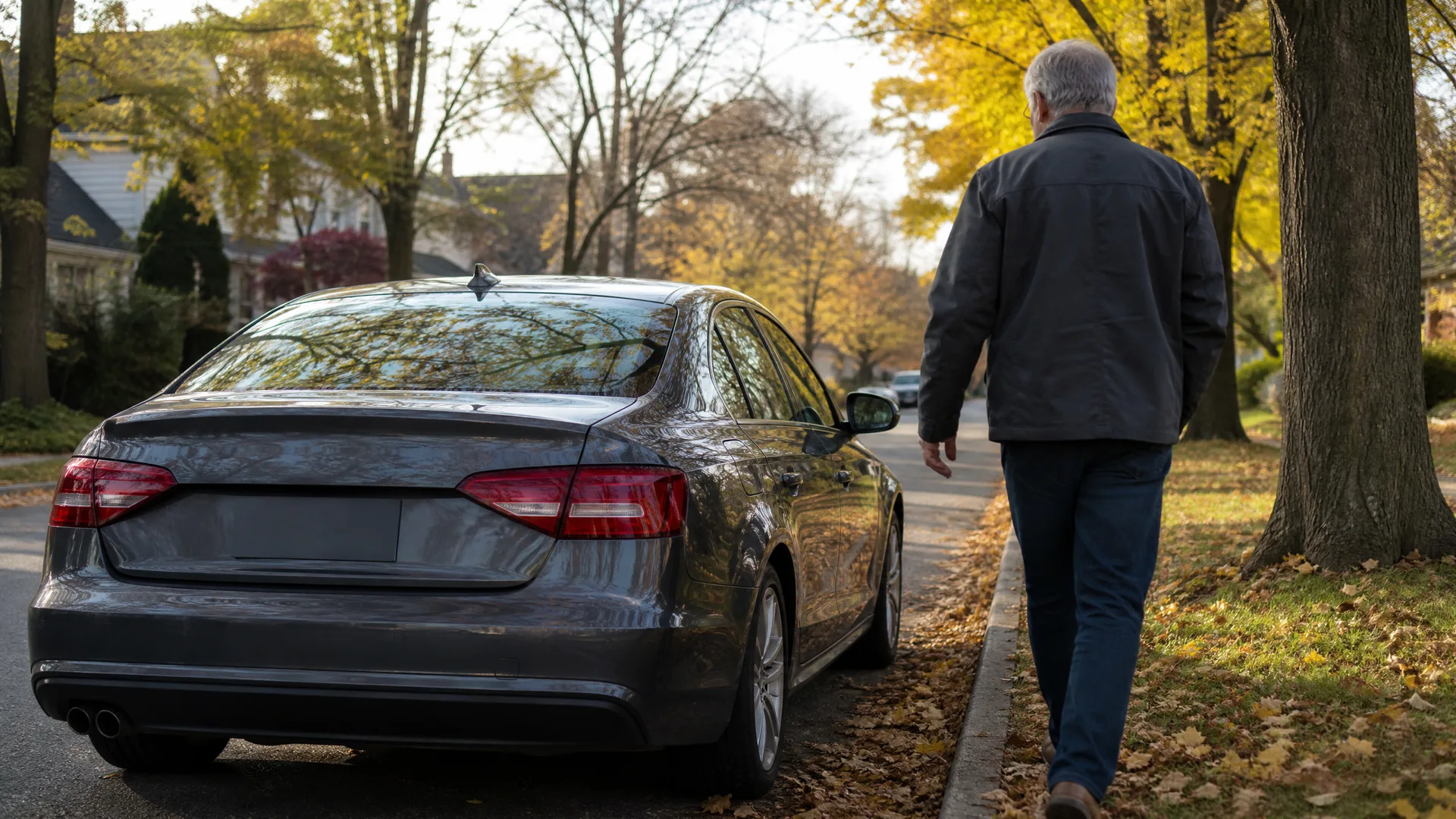 A gray sedan parked along a residential street with fallen leaves, and a gray-haired man in a dark jacket walking away on the leaf-covered curbside under trees with yellow autumn foliage.