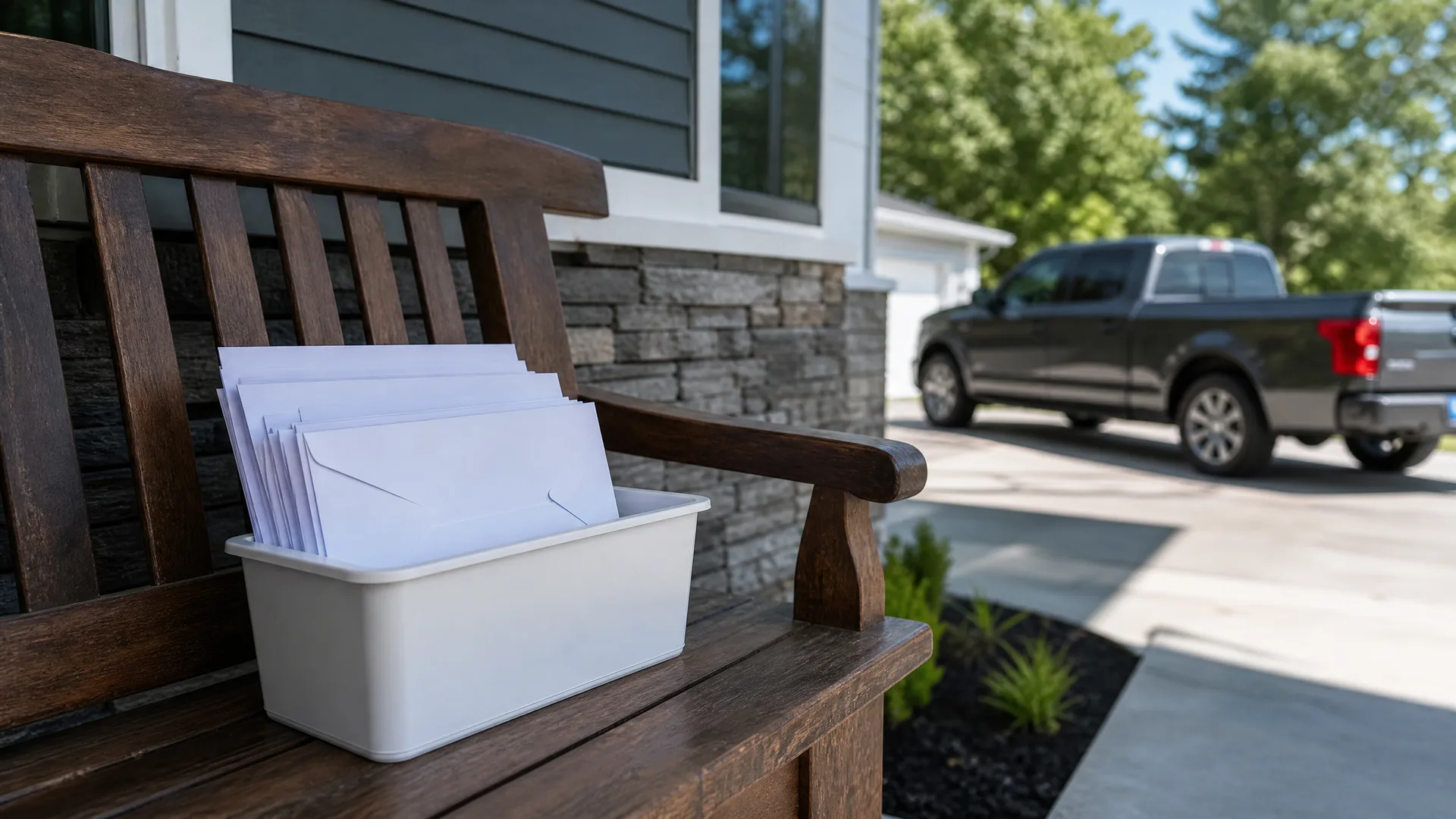 A white plastic bin holding a stack of white envelopes sits on a dark wooden bench on a porch, with stone and gray siding behind and a pickup truck parked on a driveway in the background.