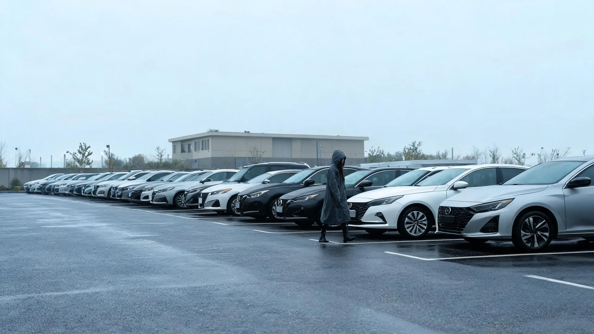 A person in a dark hooded raincoat walks past a long row of parked cars on a wet parking lot under an overcast sky, with a low light-colored building and bare trees in the background.
