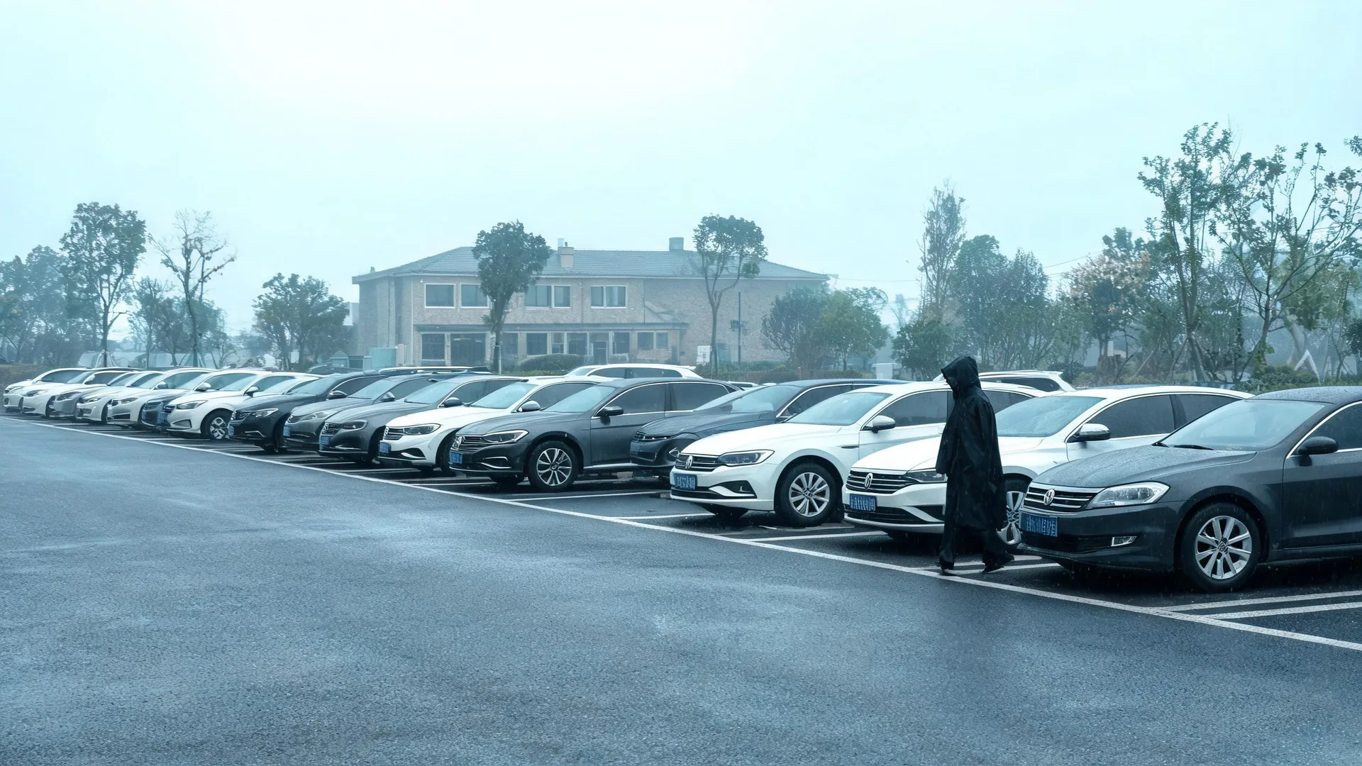 A person in a dark hooded raincoat walks across a wet parking lot lined with a long row of parked cars, with a two-story building and bare trees in the misty background.