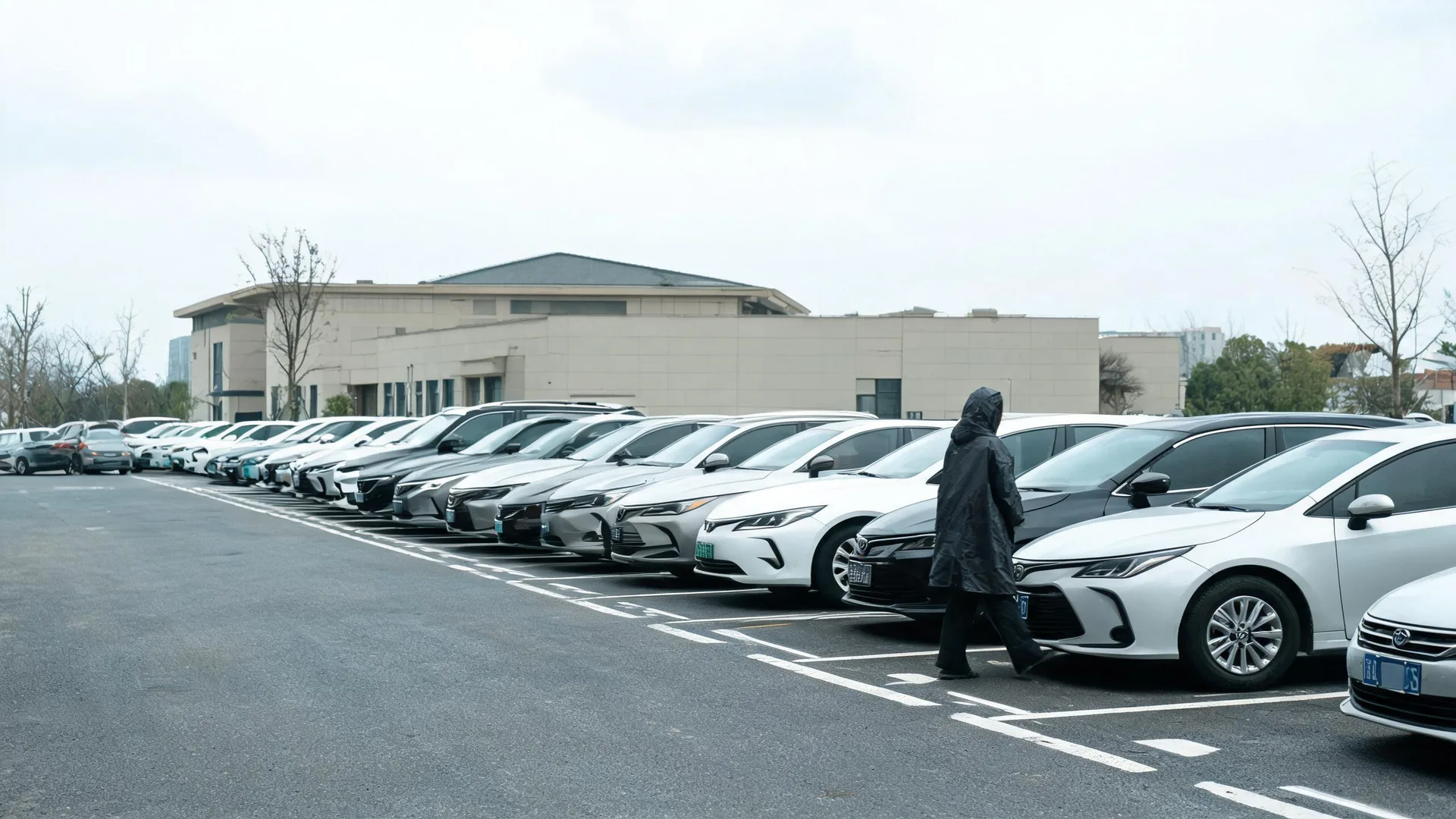 A person in a dark hooded raincoat walks across a marked asphalt parking lot past a long row of mostly white and silver parked cars, with a low beige building and bare trees under an overcast sky behind.