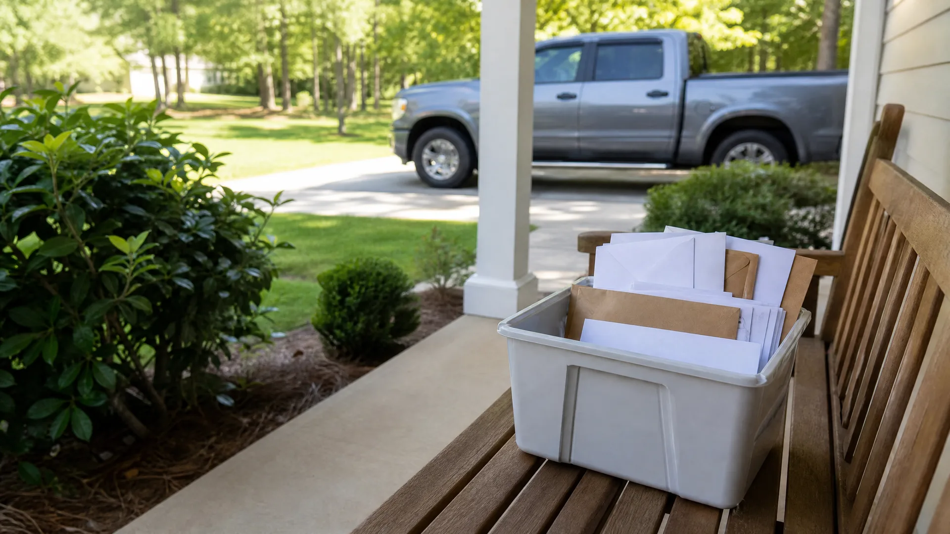 A white plastic bin filled with envelopes and padded mailers sits on a wooden bench on a covered porch, with a gray pickup truck parked in the driveway beyond shrubs and a lawn.