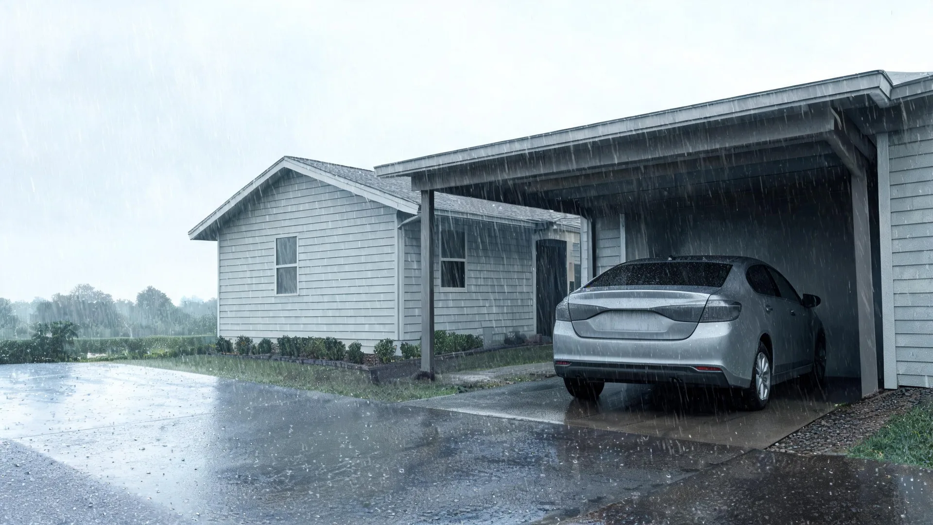 A silver sedan parked under an attached carport of a single-story light gray house during heavy rain, with a wet driveway in the foreground.